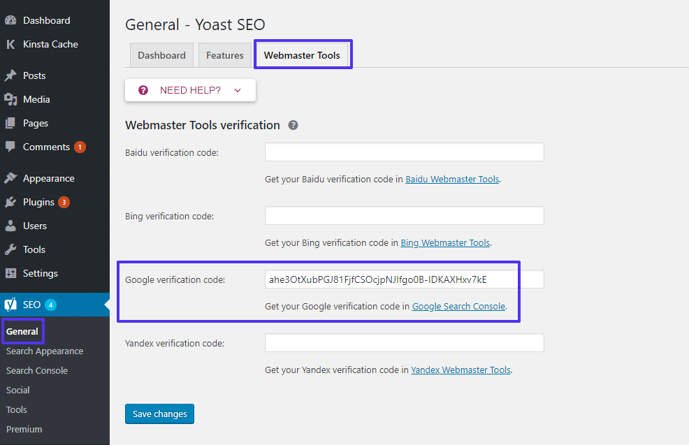 Vérification du site Google dans Yoast SEO