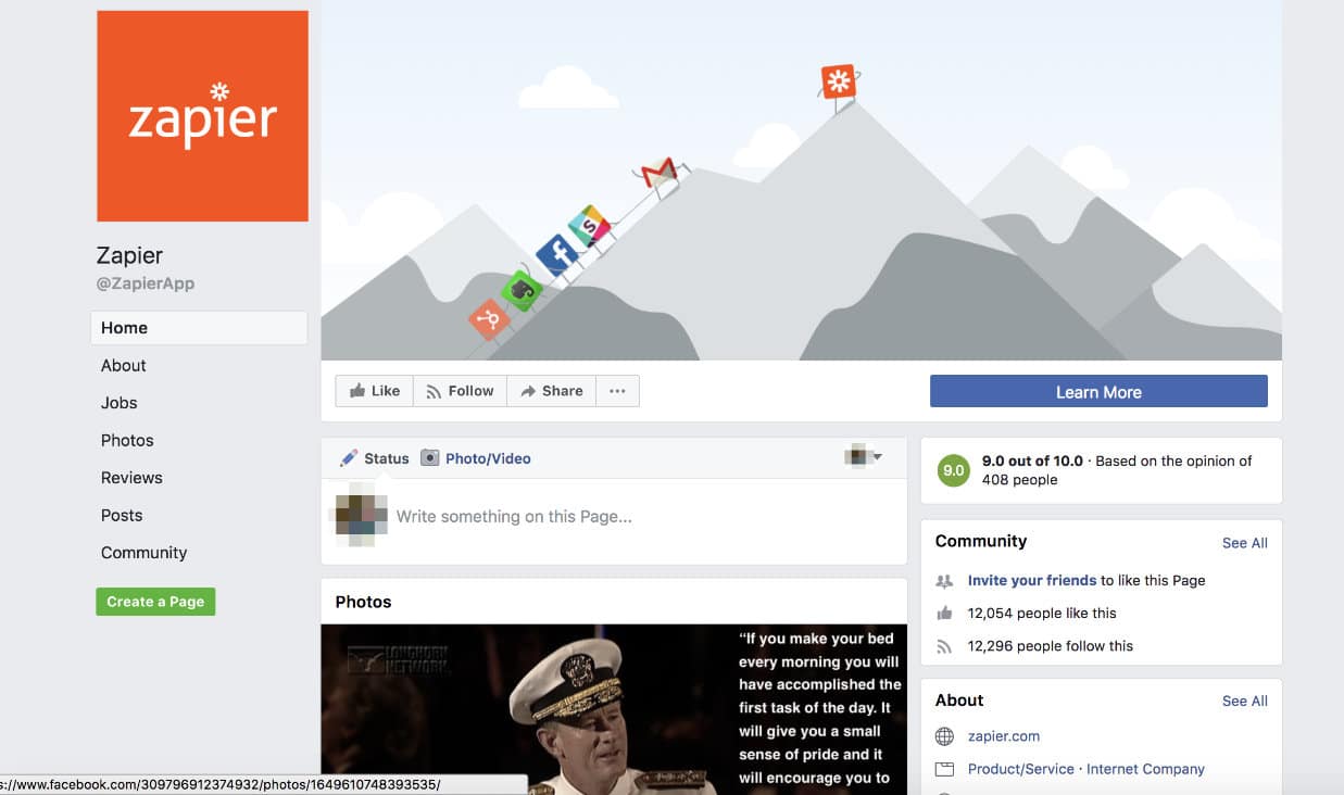 Page Facebook de Zapier