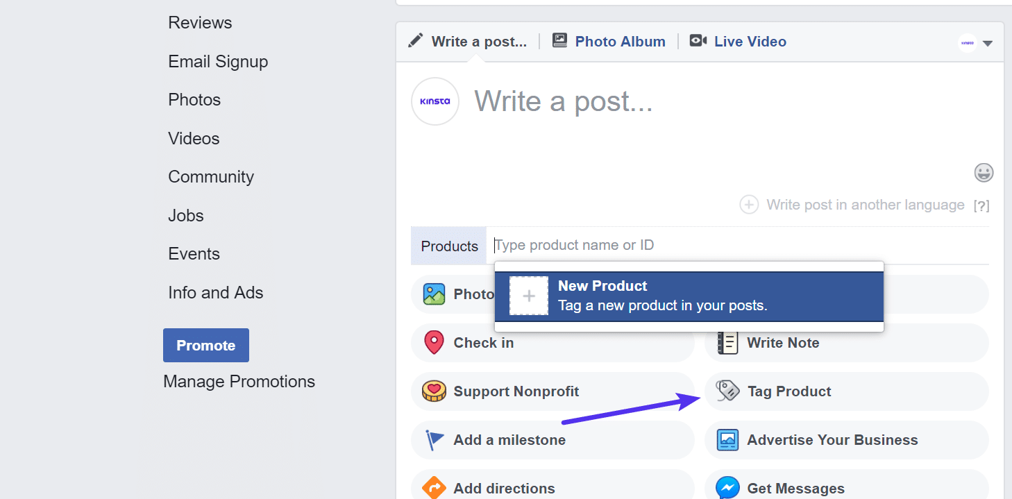 Produit avec étiquette Facebook