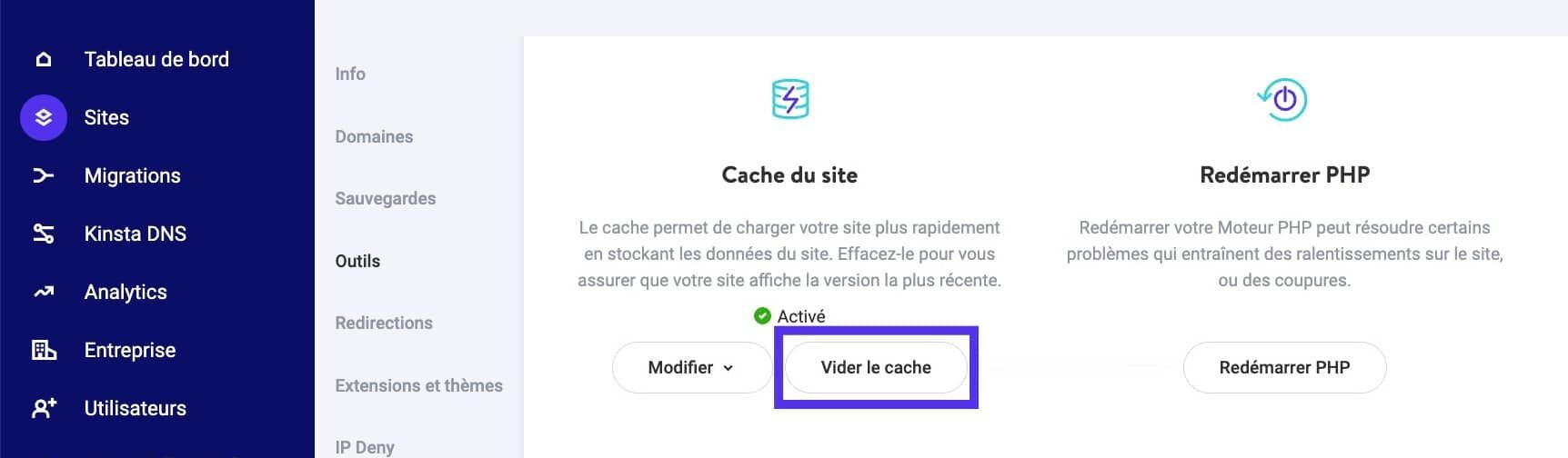 L’option vider le cache dans MyKinsta