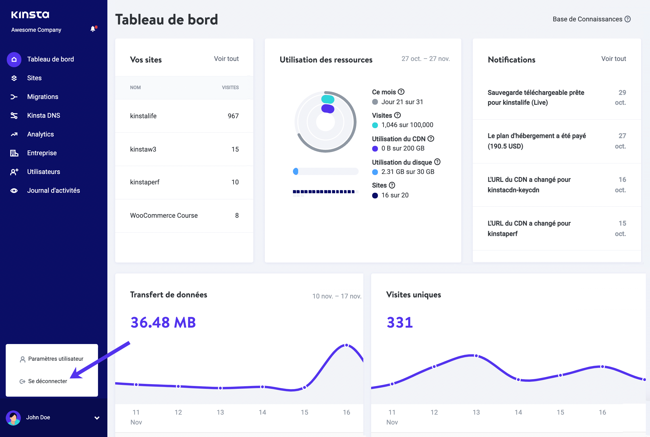 Paramètres utilisateur et déconnexion de MyKinsta