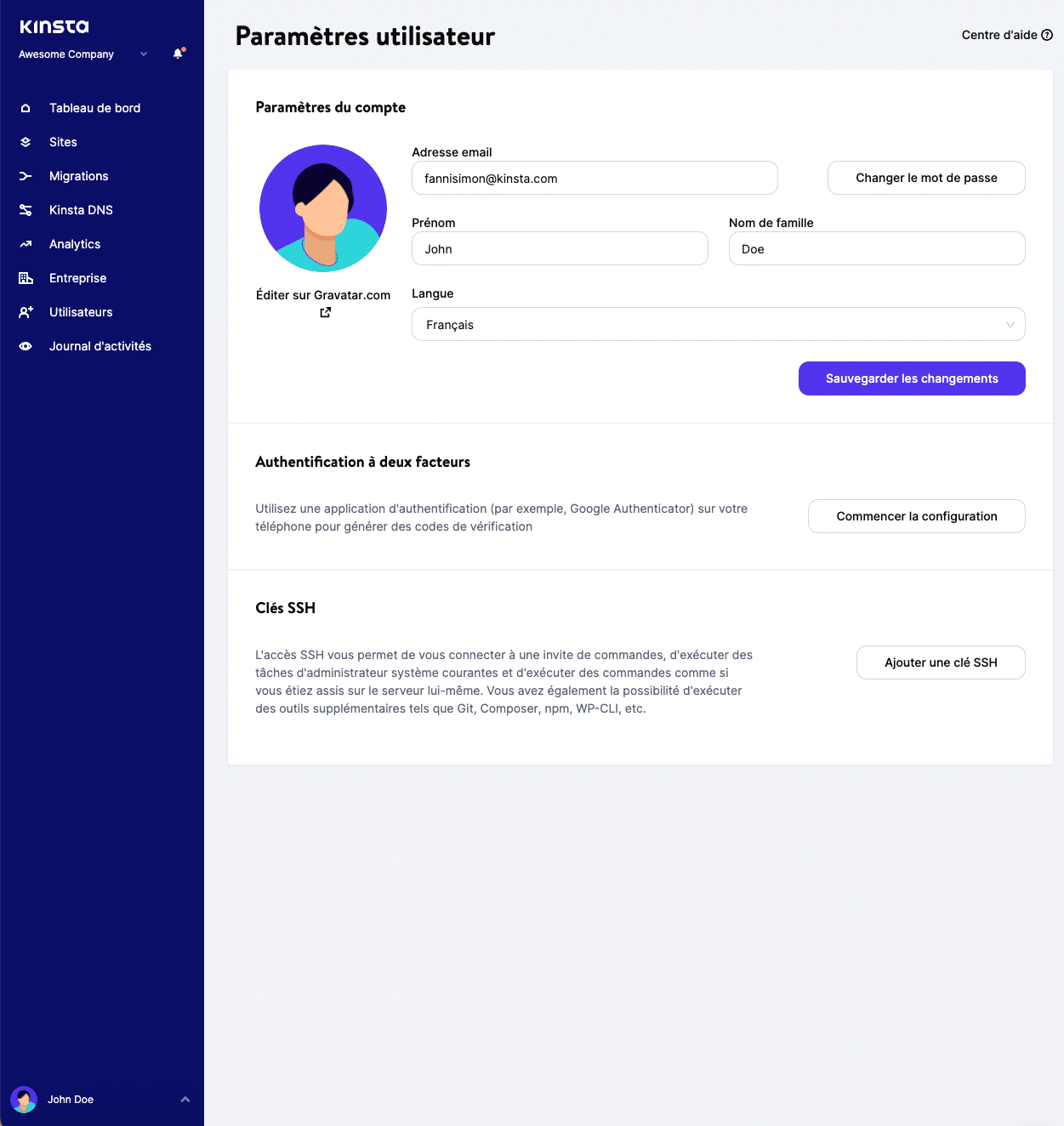 Paramètres utilisateur MyKinsta