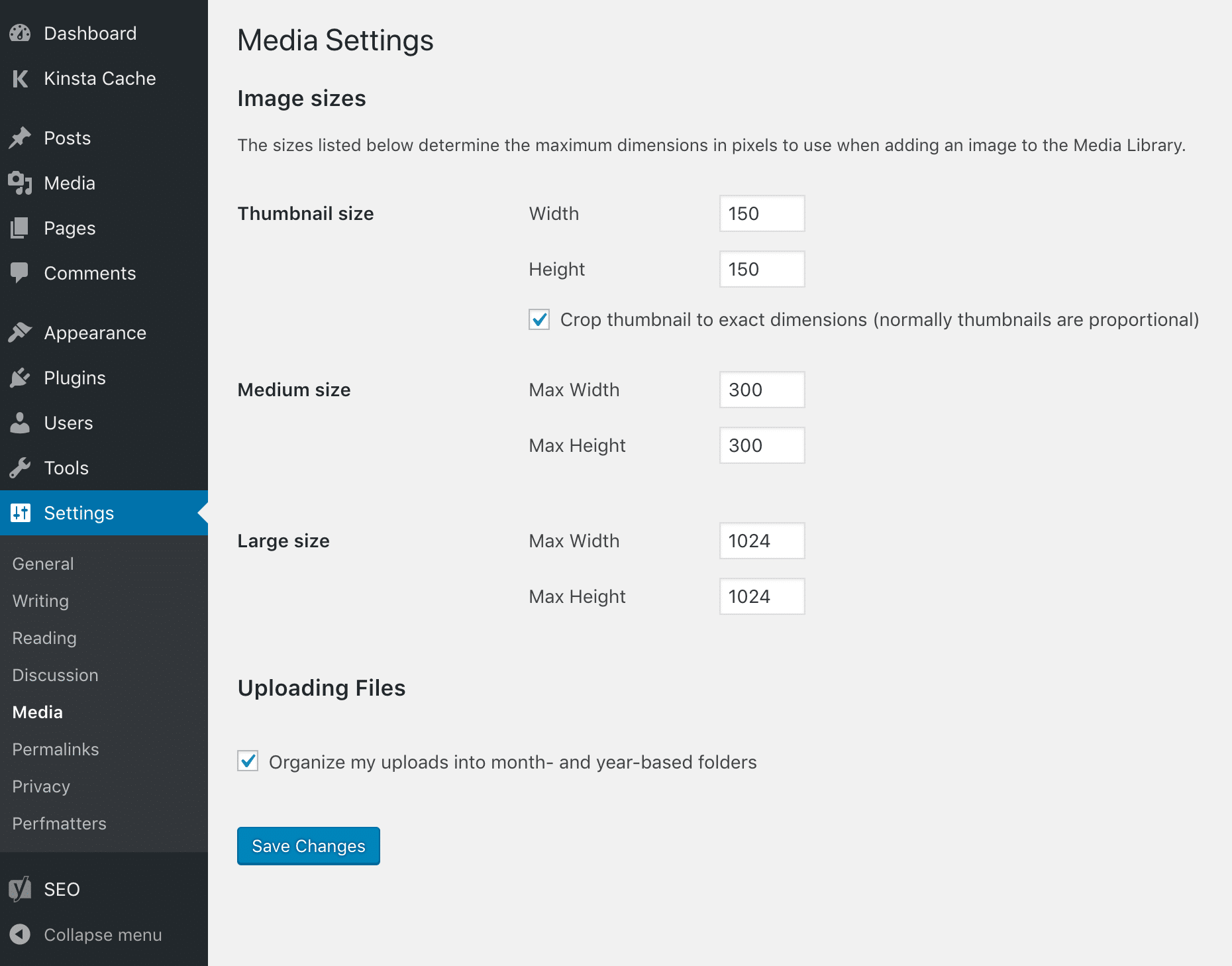 Paramètres des médias WordPress