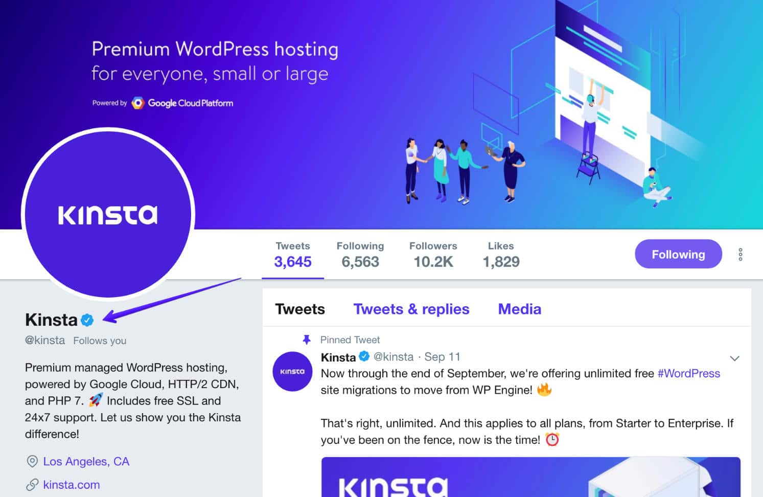 Profil vérifié sur Twitter (@kinsta)