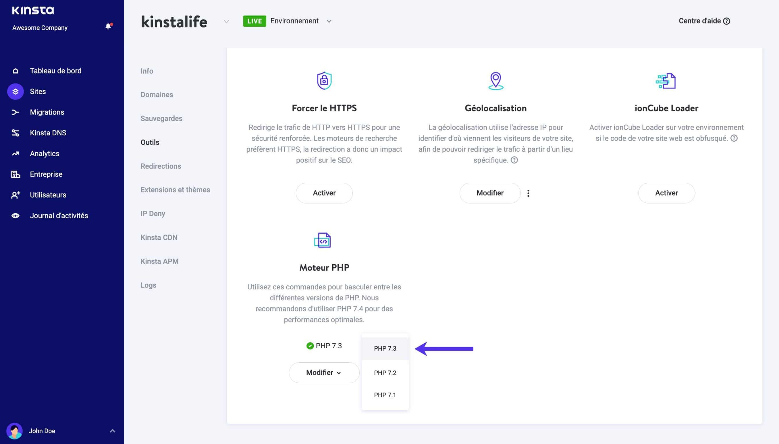 Changer pour PHP 7.3