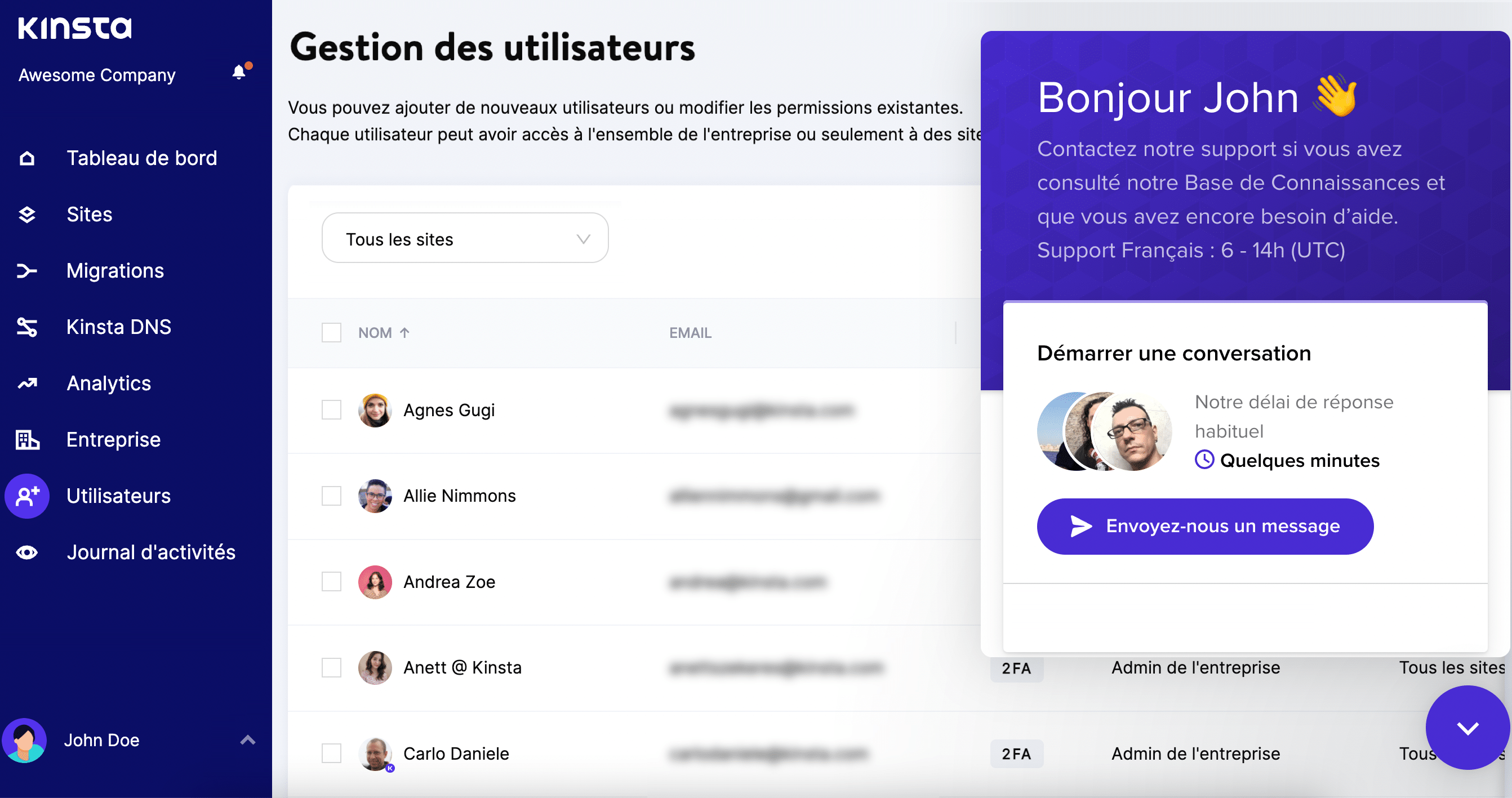 Support d’hébergement WordPress de Kinsta