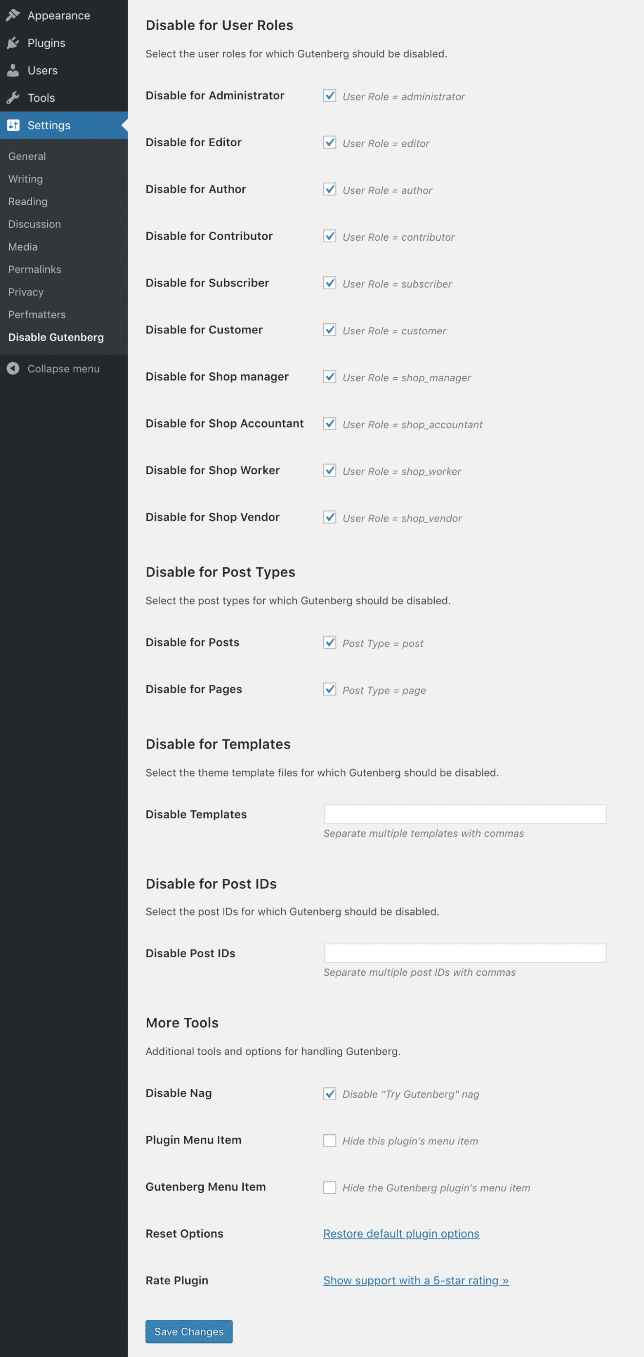 Options avancées de Disable Gutenberg