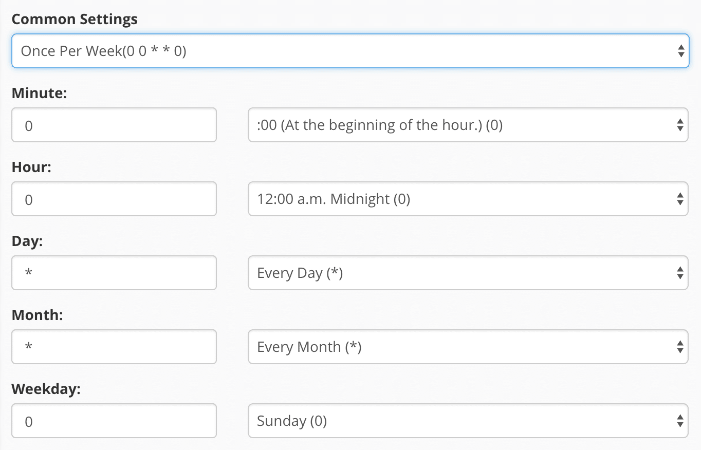 cPanel paramètres cron job