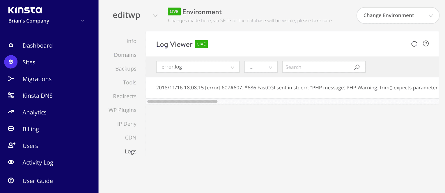 Logs des erreurs dans MyKinsta