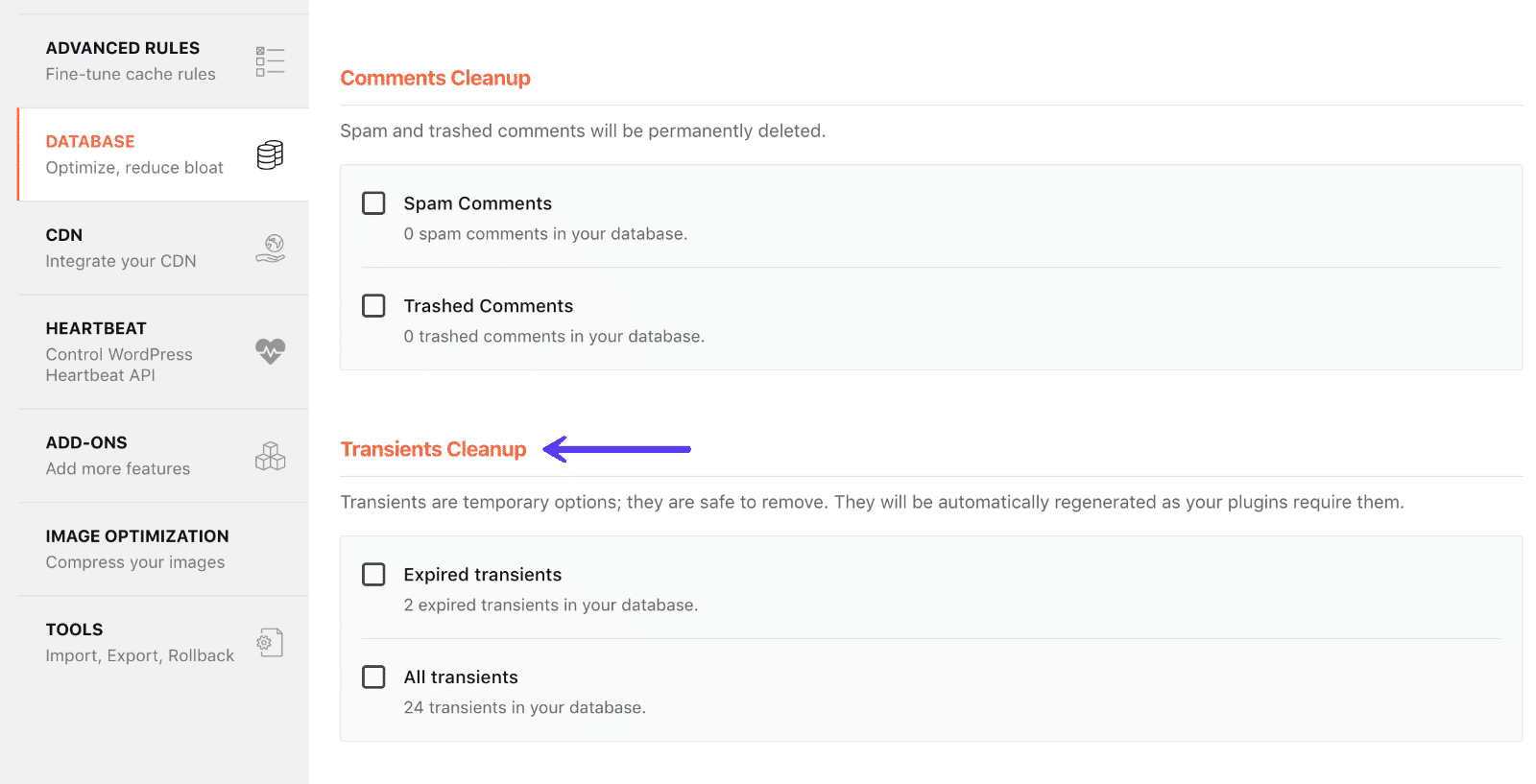 Nettoyage des transients avec WP Rocket