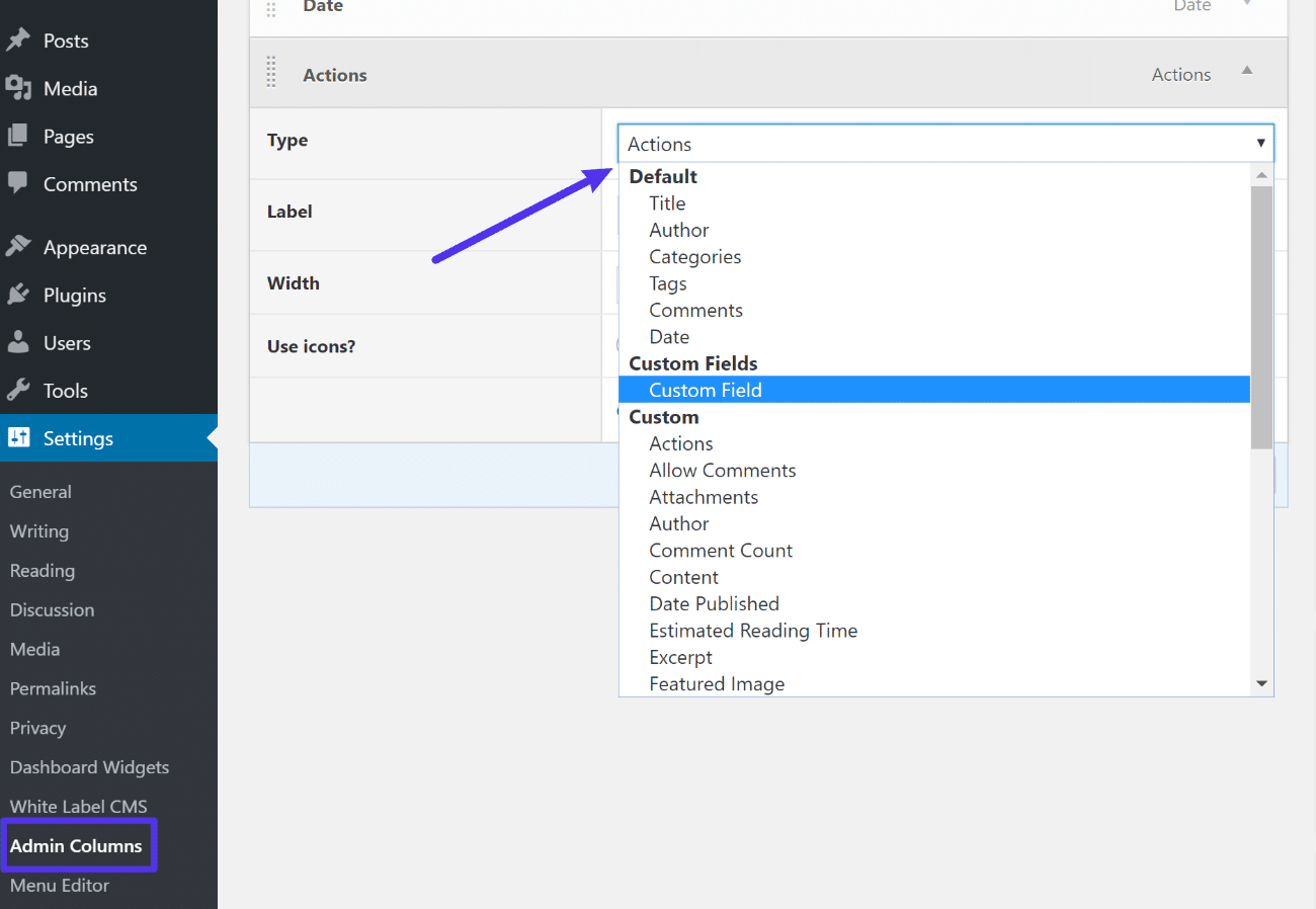 L'interface Admin Columns