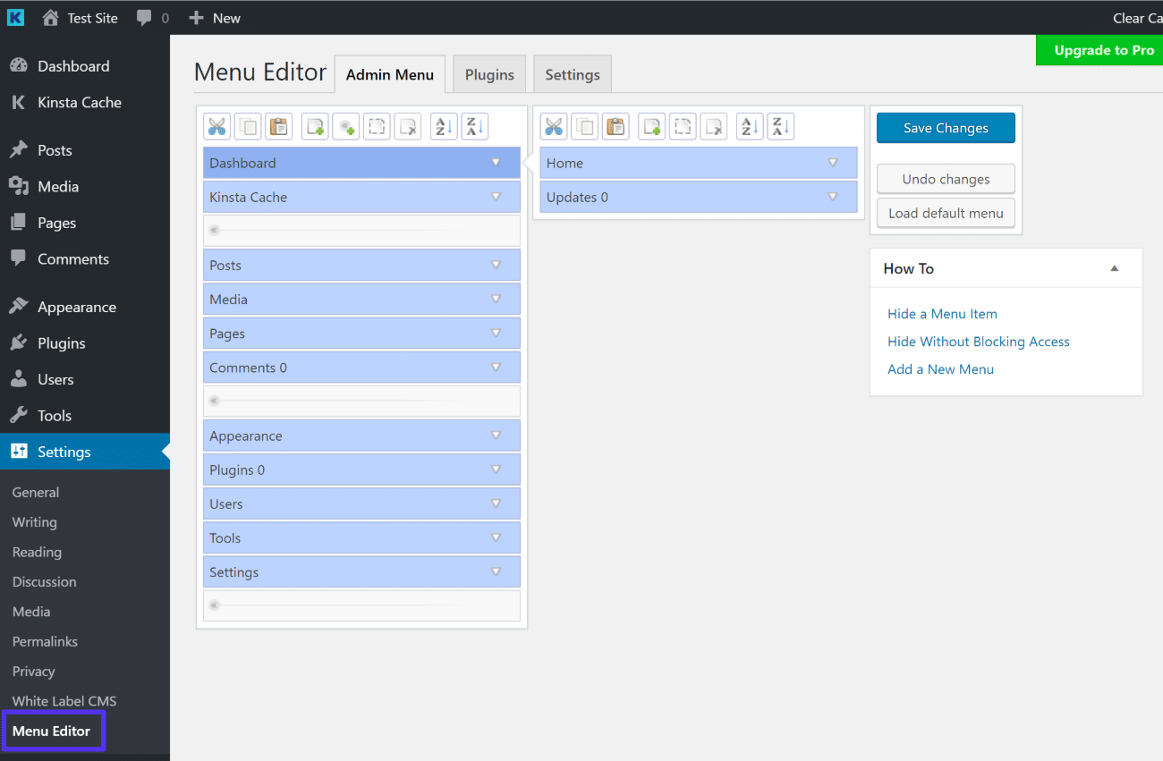 L'interface de Admin Editor Menu