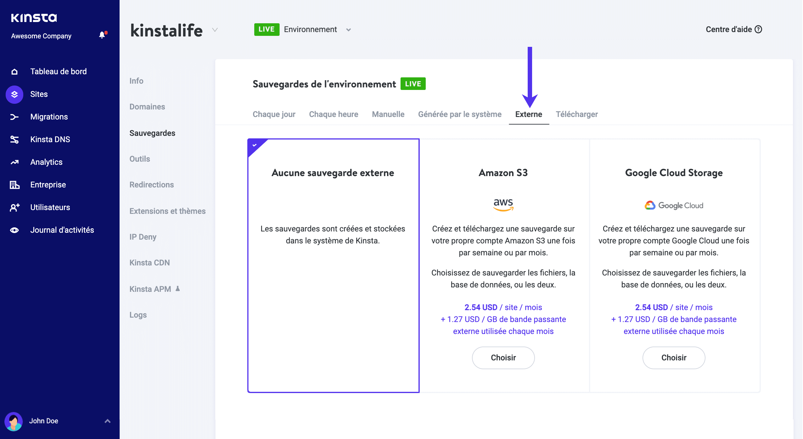 Activez les sauvegardes externes dans MyKinsta.