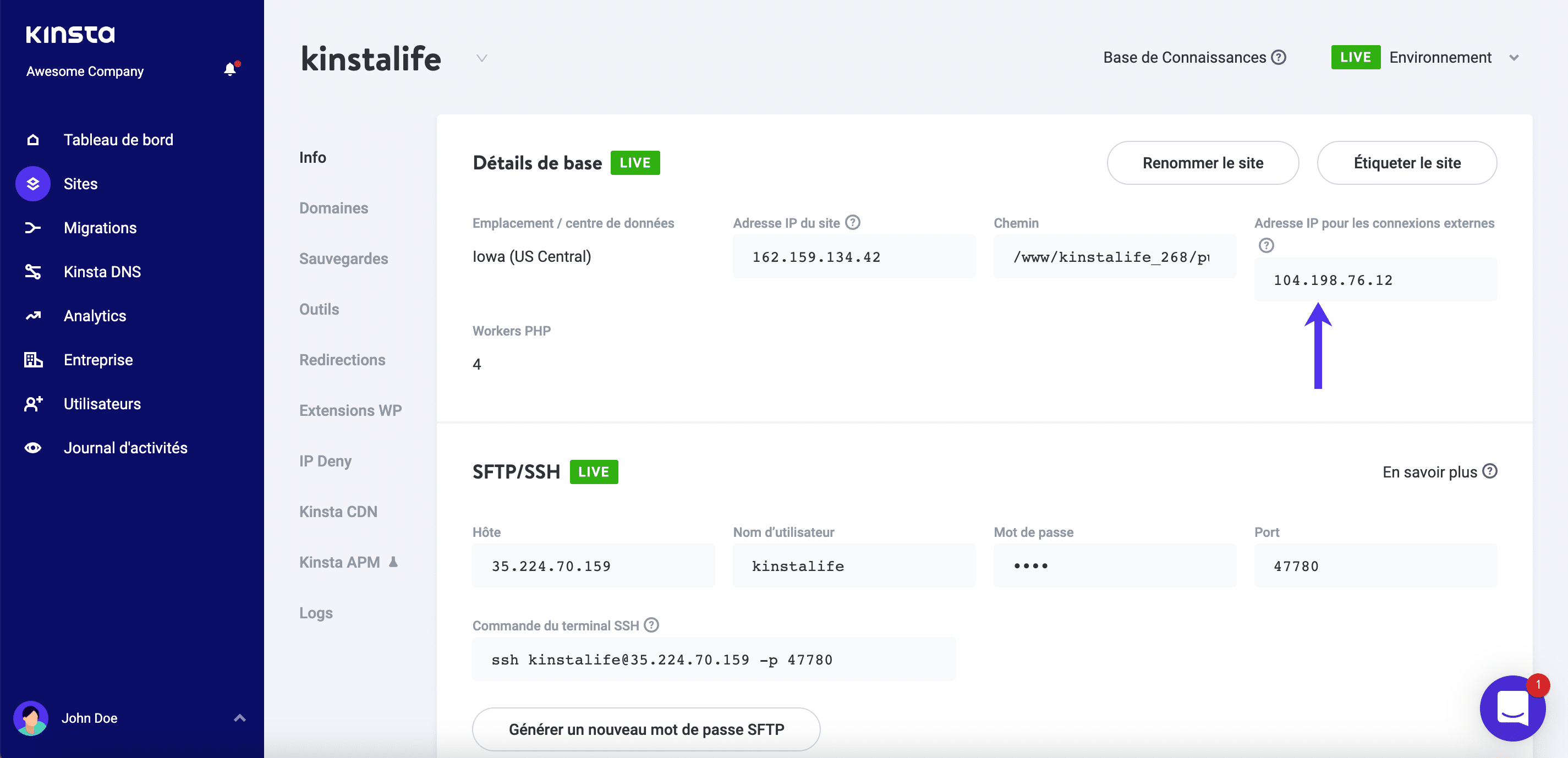 Adresse IP pour les connexions externes