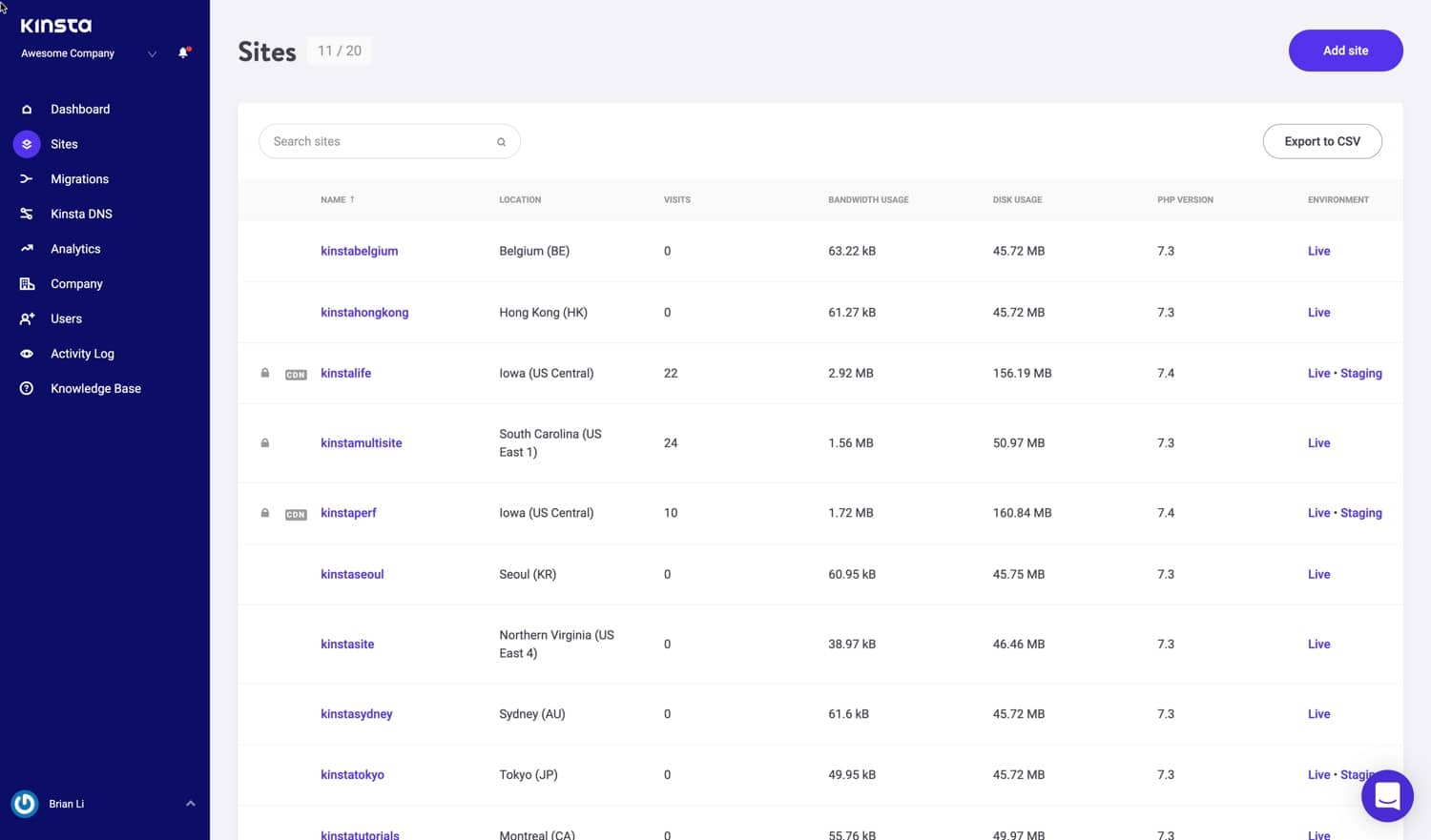 Gérer plusieurs sites WordPress dans MyKinsta.