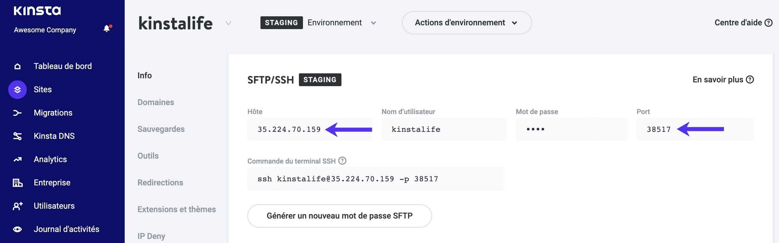 Détails SFTP et port de l’hébergeur pour votre environnement de staging.