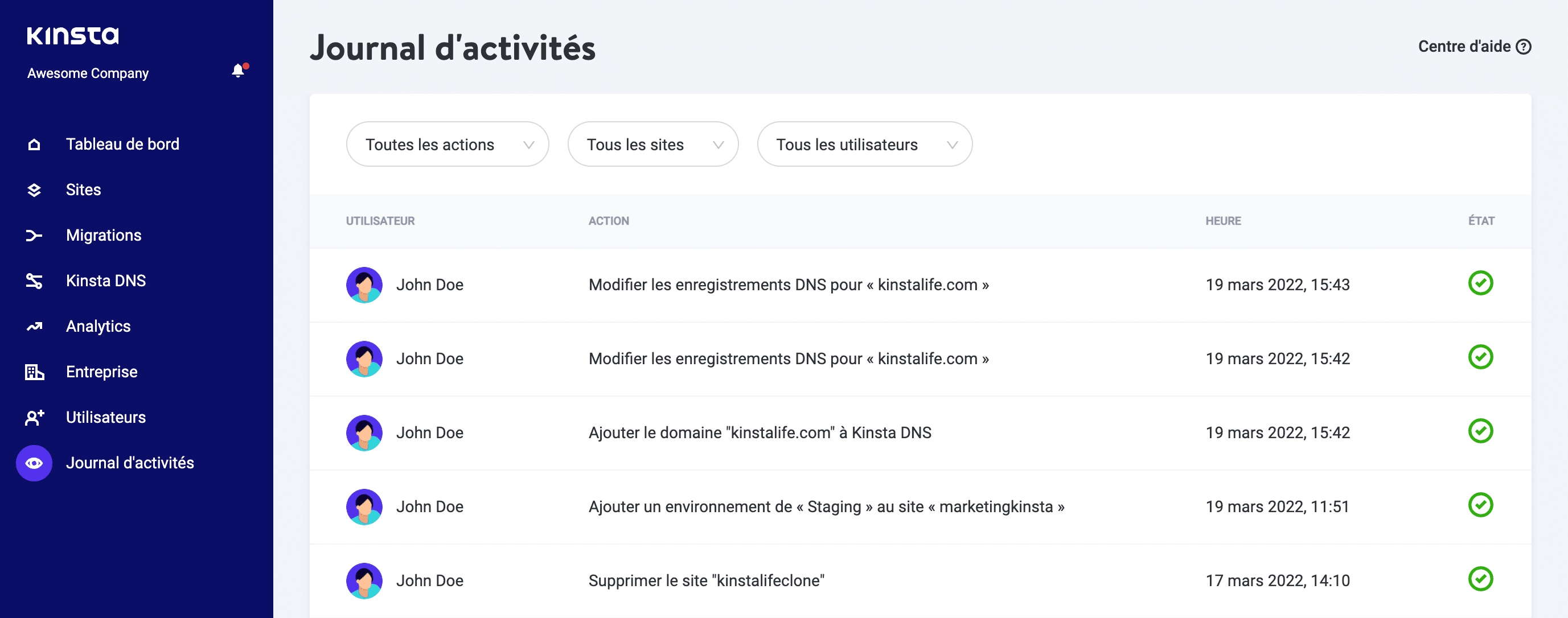 Logs d’activité MyKinsta