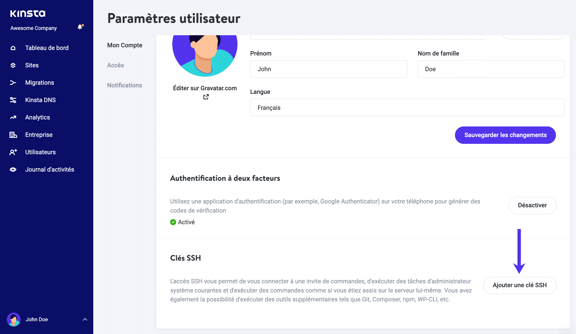 Ajout de clés SSH dans MyKinsta.