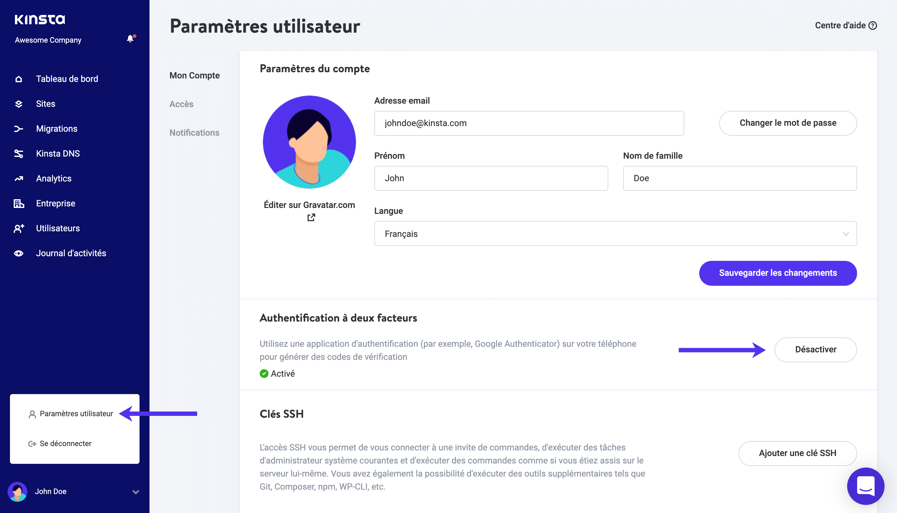 Activez la 2FA dans MyKinsta.