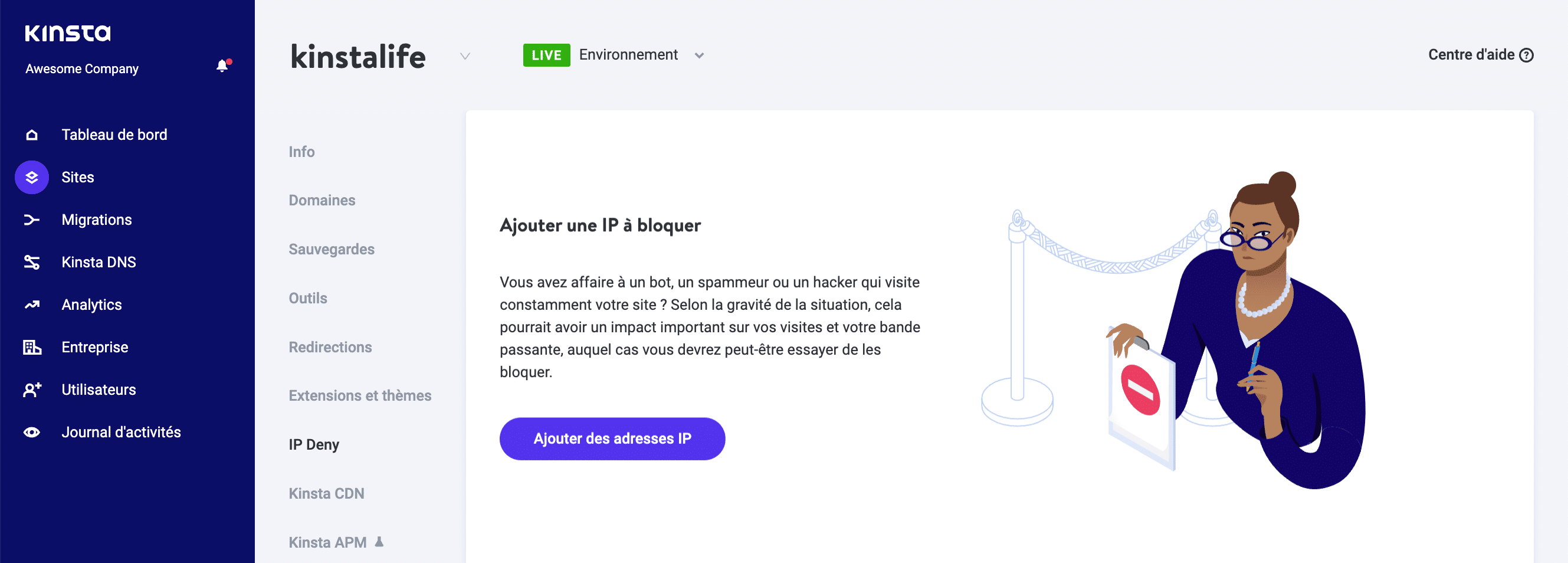 Outil IP Deny dans MyKinsta.