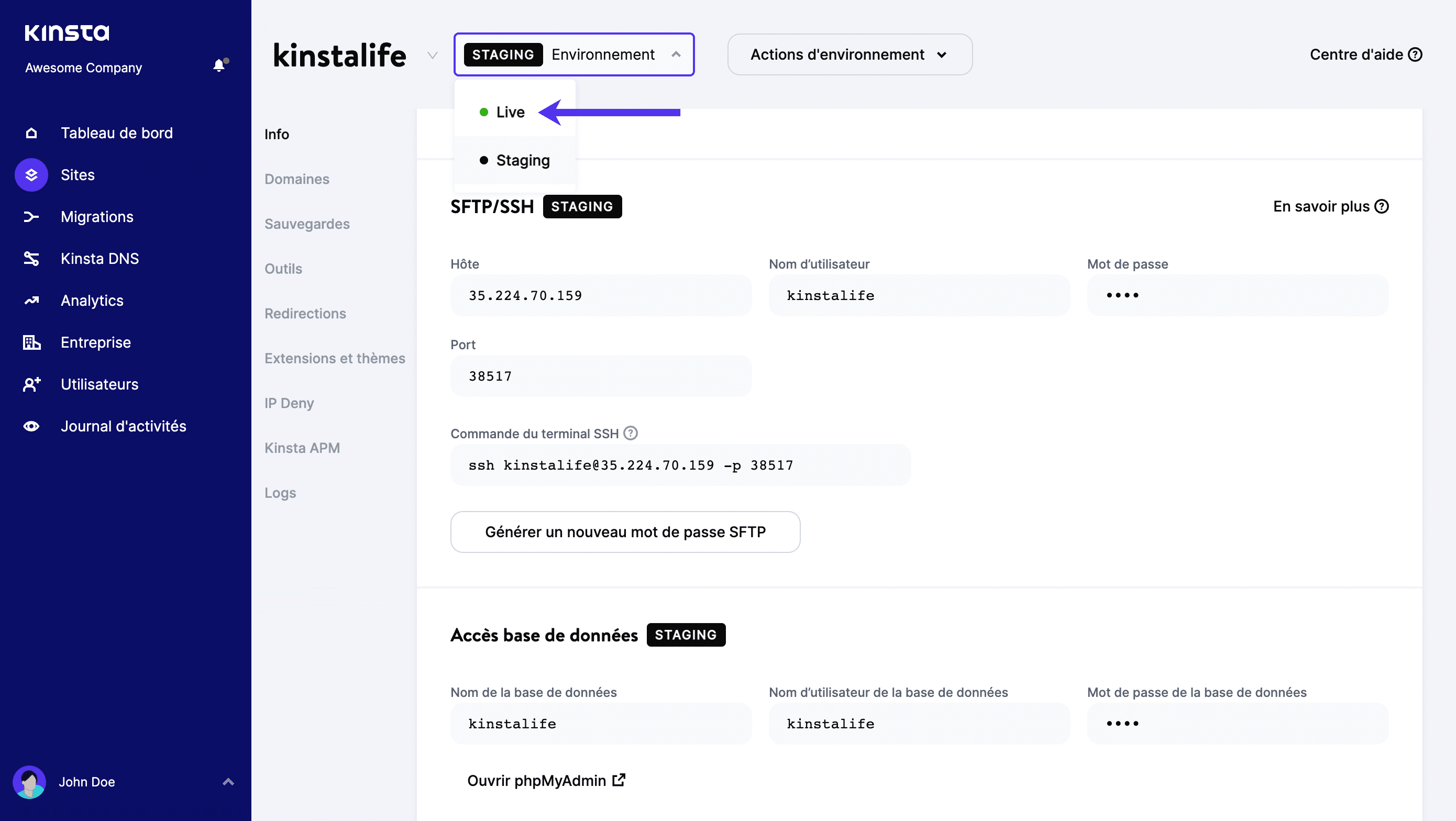 Passez à votre environnement de production dans MyKinsta.