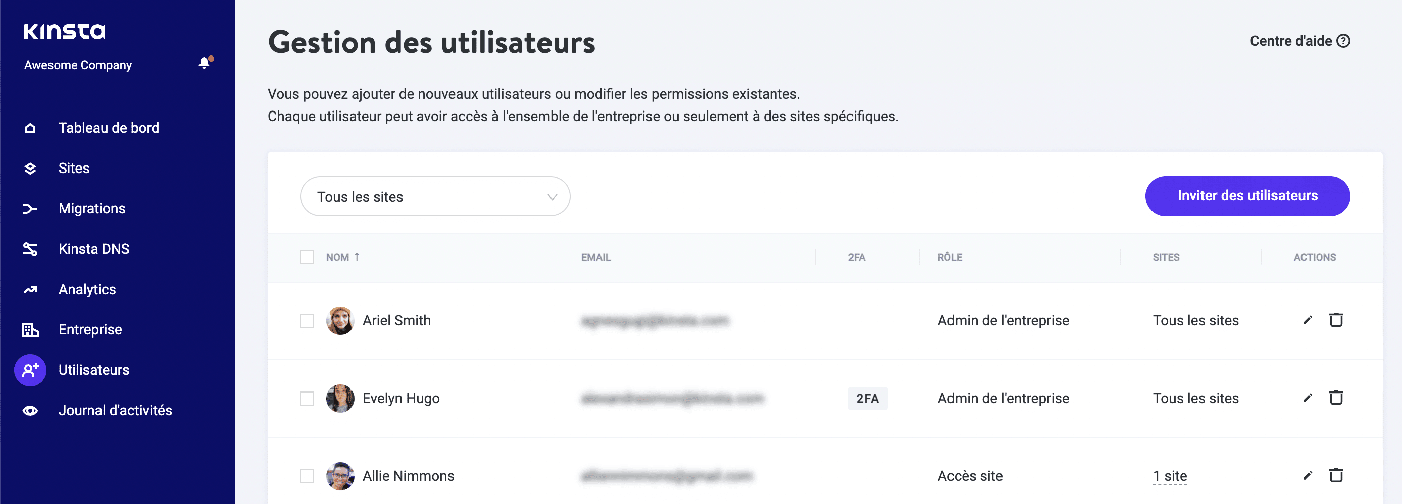 Gestion des utilisateurs de MyKinsta.