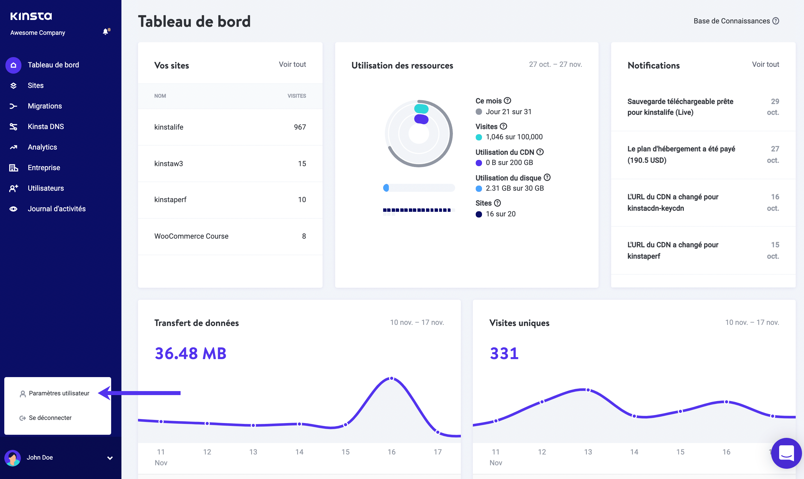 Paramètres utilisateur MyKinsta