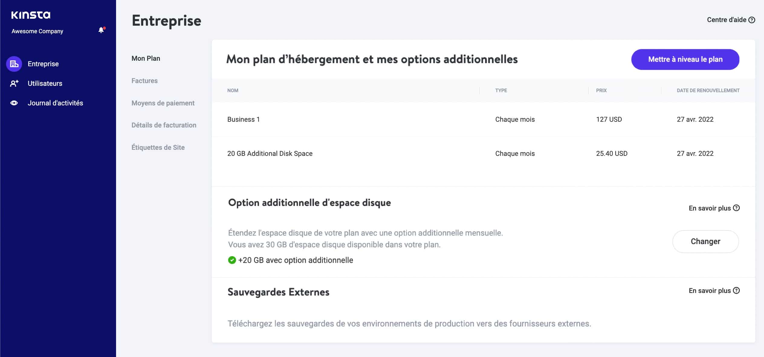 Le tableau de bord « Facturation d’entreprises » dans MyKinsta