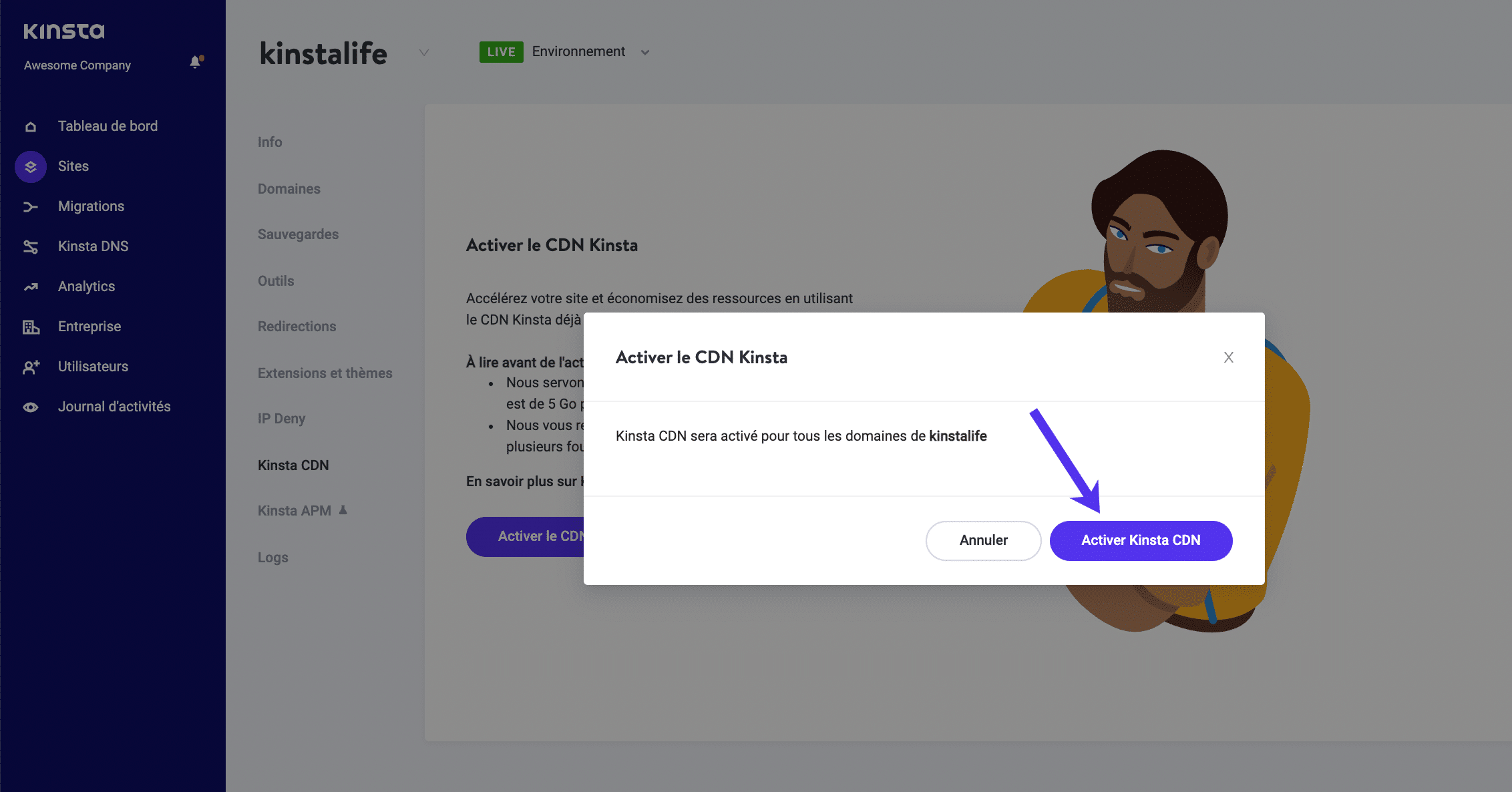 Confirmez que vous voulez activer le CDN Kinsta