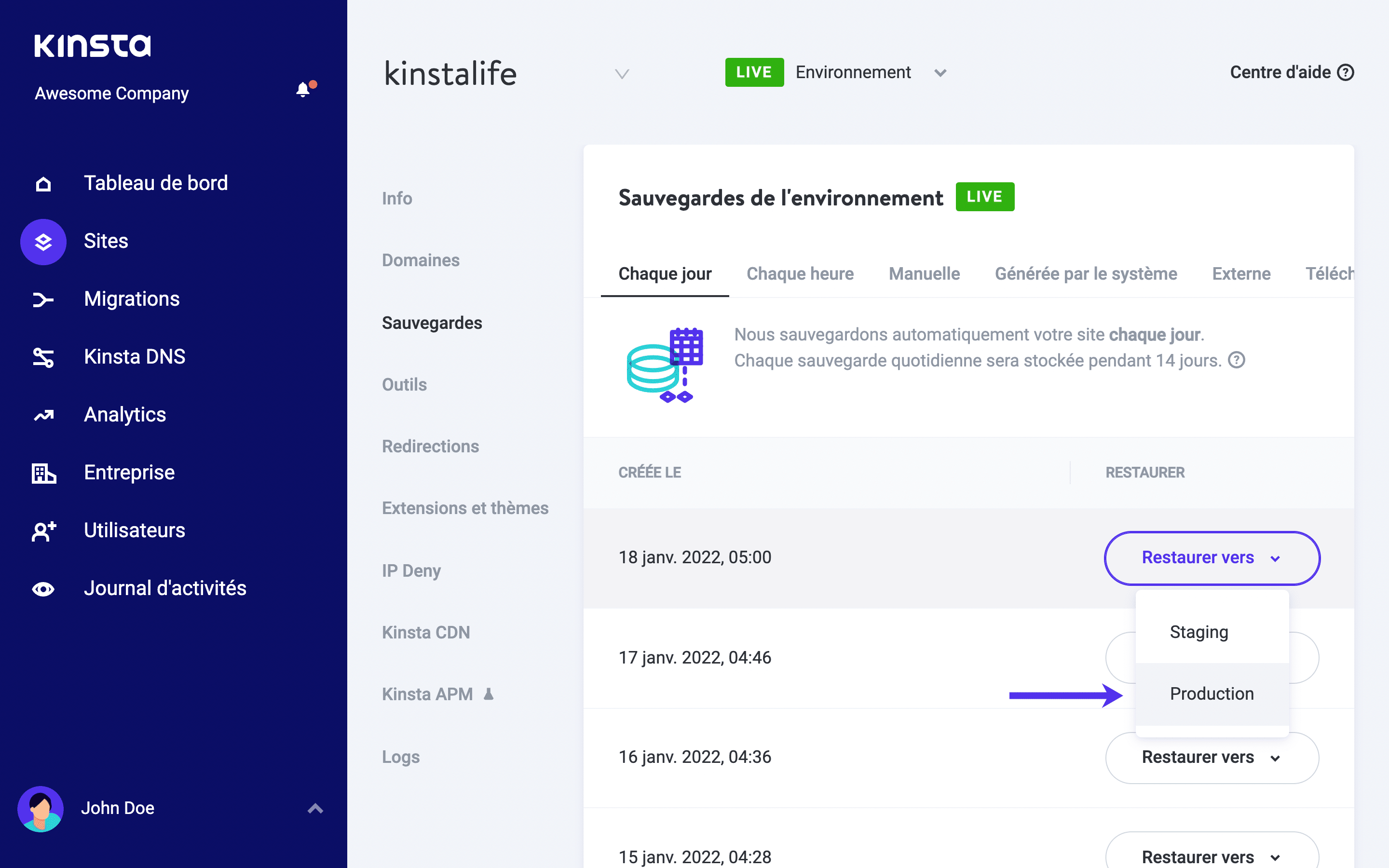 Restaurer le site WordPress à partir d'un snapshot (sauvegarde)