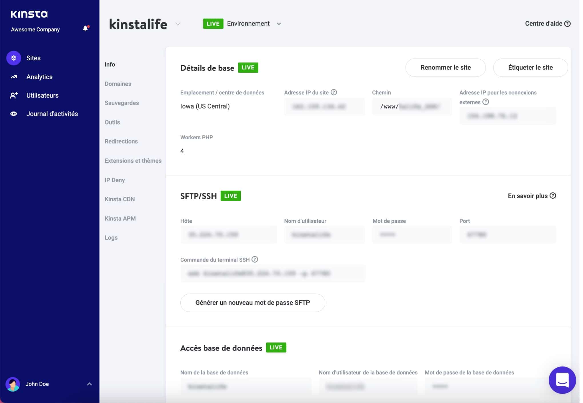 Le tableau de bord « Administrateur du site » dans MyKinsta