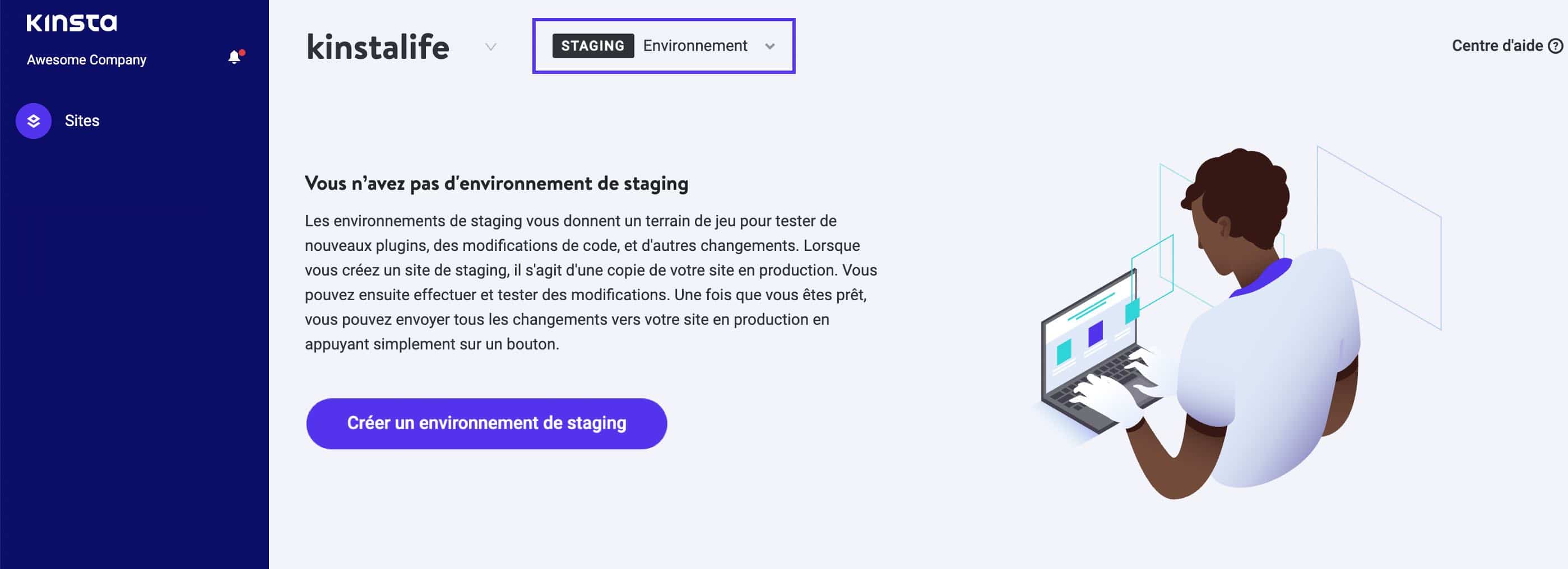 Le tableau de bord « Développeur du site » dans MyKinsta