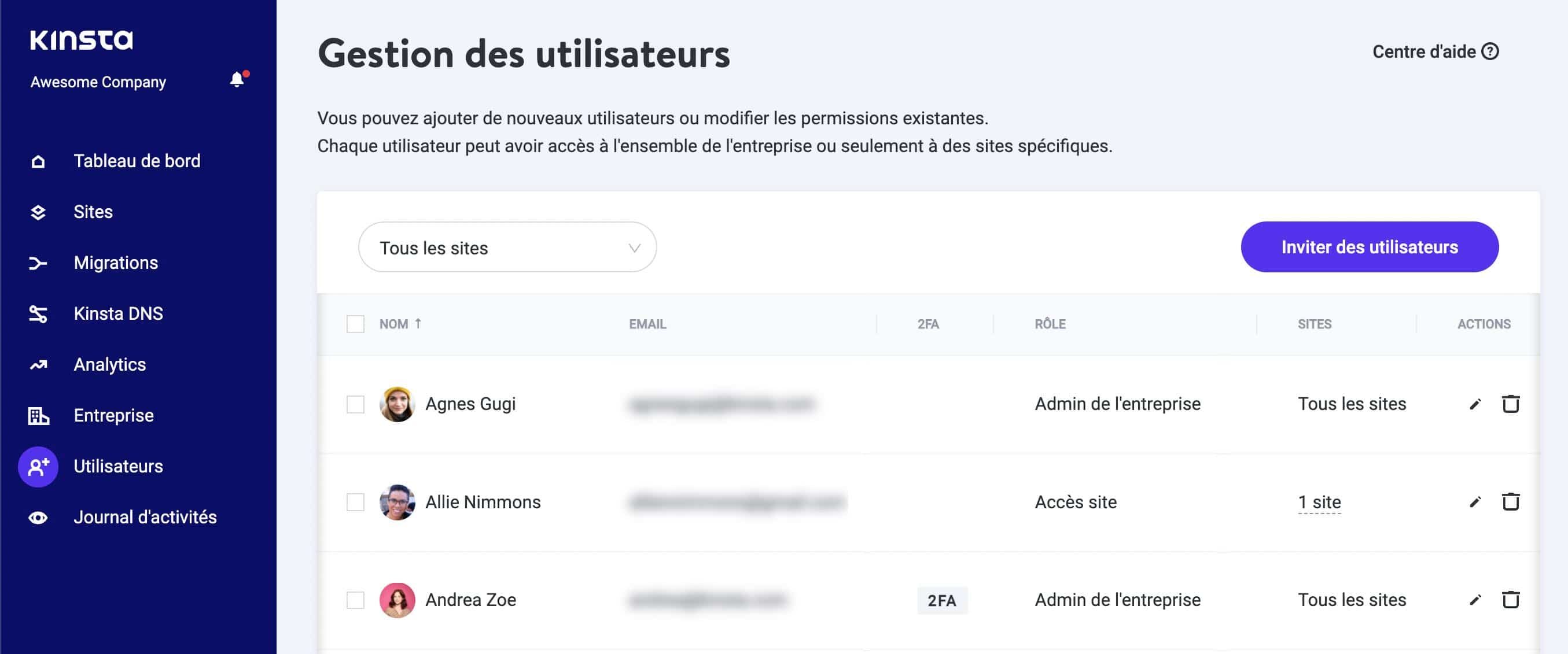 L'écran « Gestion des utilisateurs » dans le tableau de bord de MyKinsta