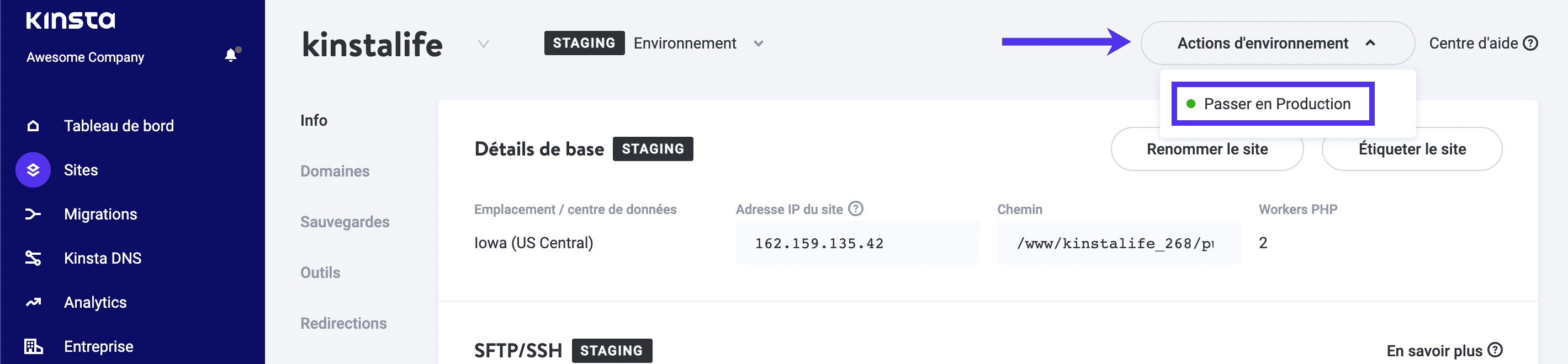 The MyKinsta push staging to live option