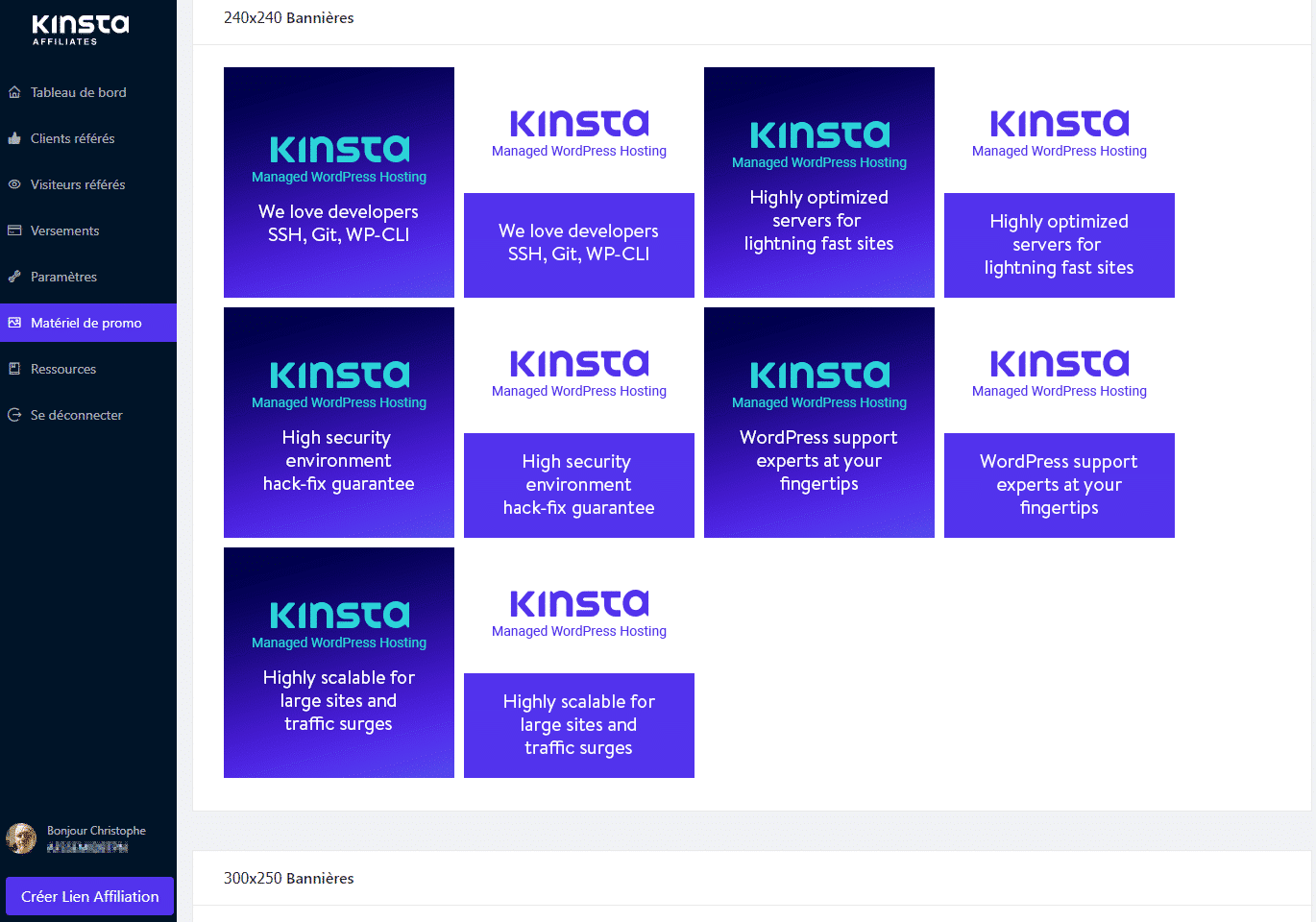 Tableau de bord affiliation Kinsta