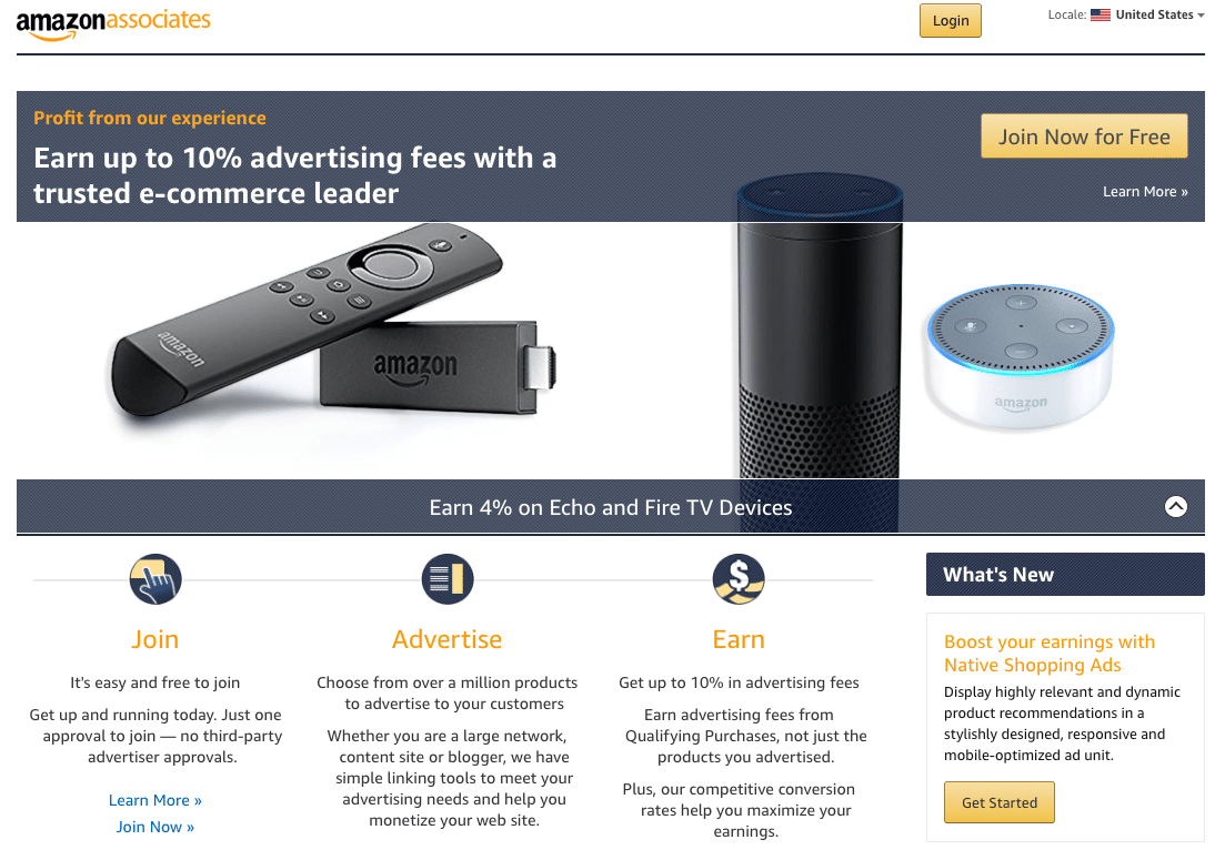 Page d’accueil d’Amazon Associates