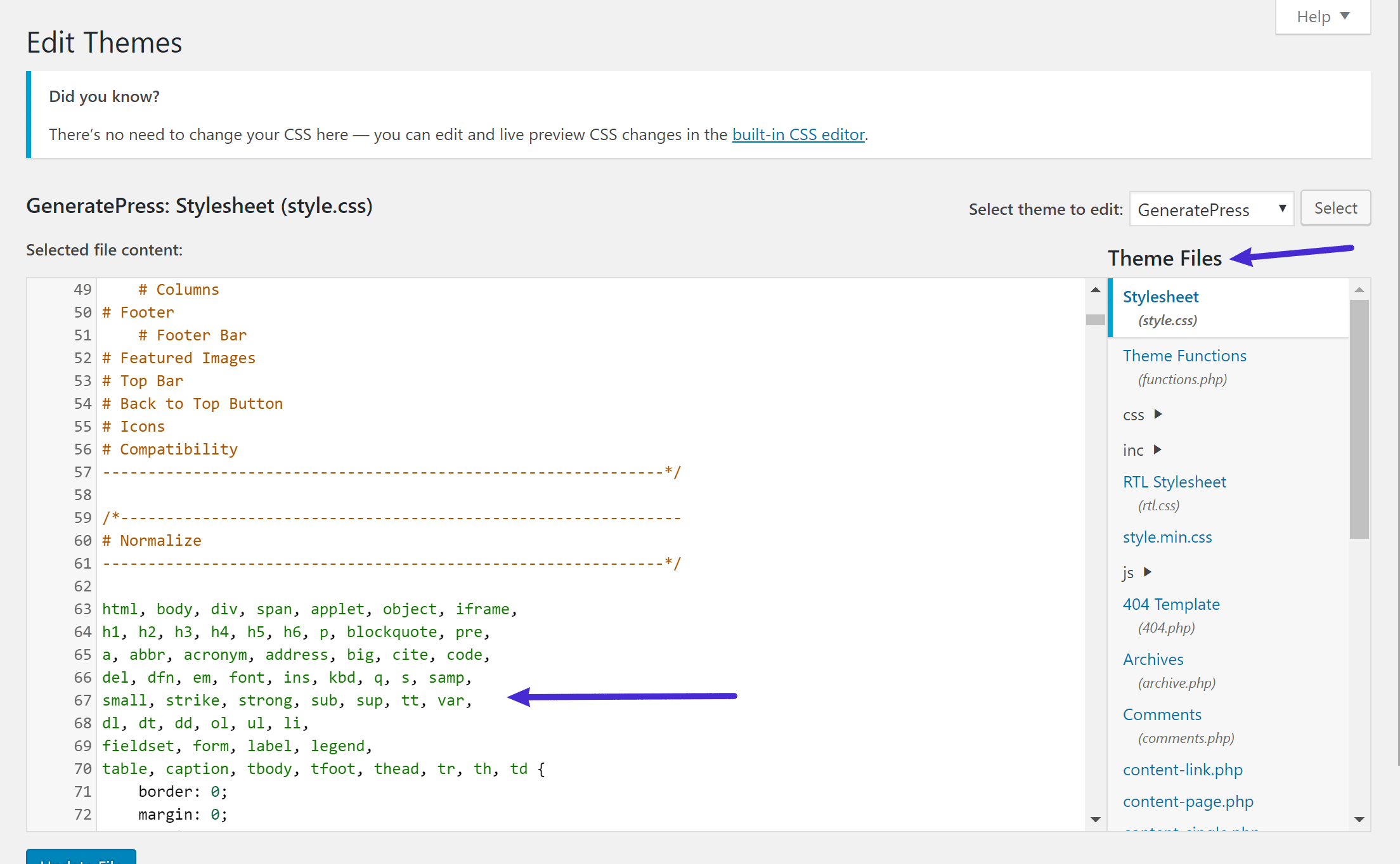 L'éditeur de code WordPress dans le tableau de bord