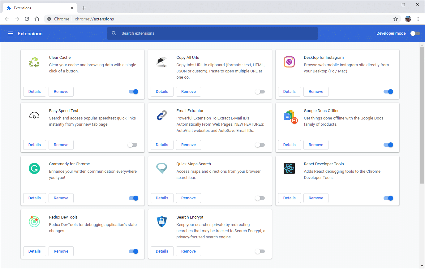 Fenêtre d'extensions de Chrome