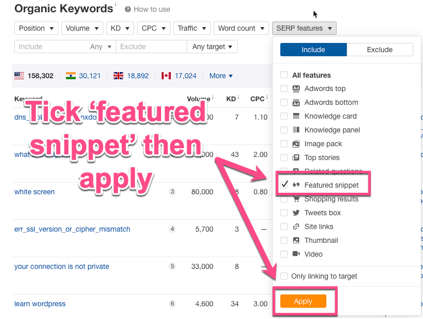 Featured snippet dans Ahrefs