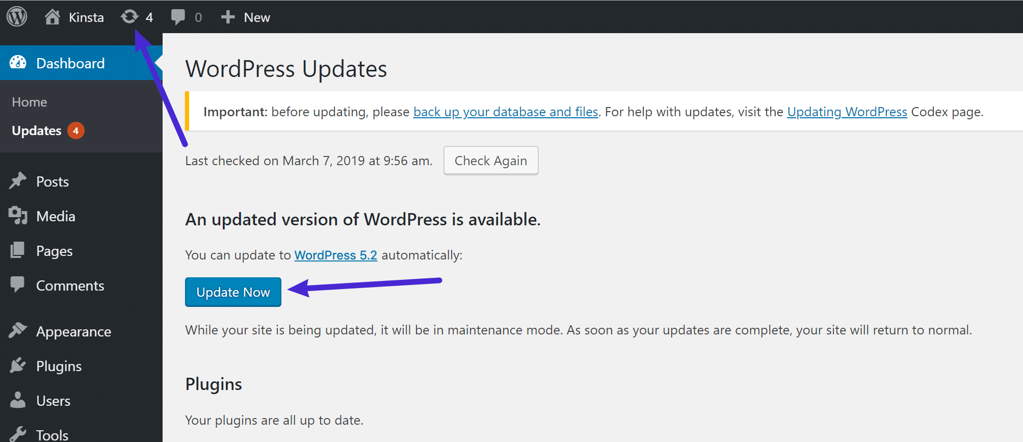Mise à jour de WordPress 5.2 dans le tableau de bord