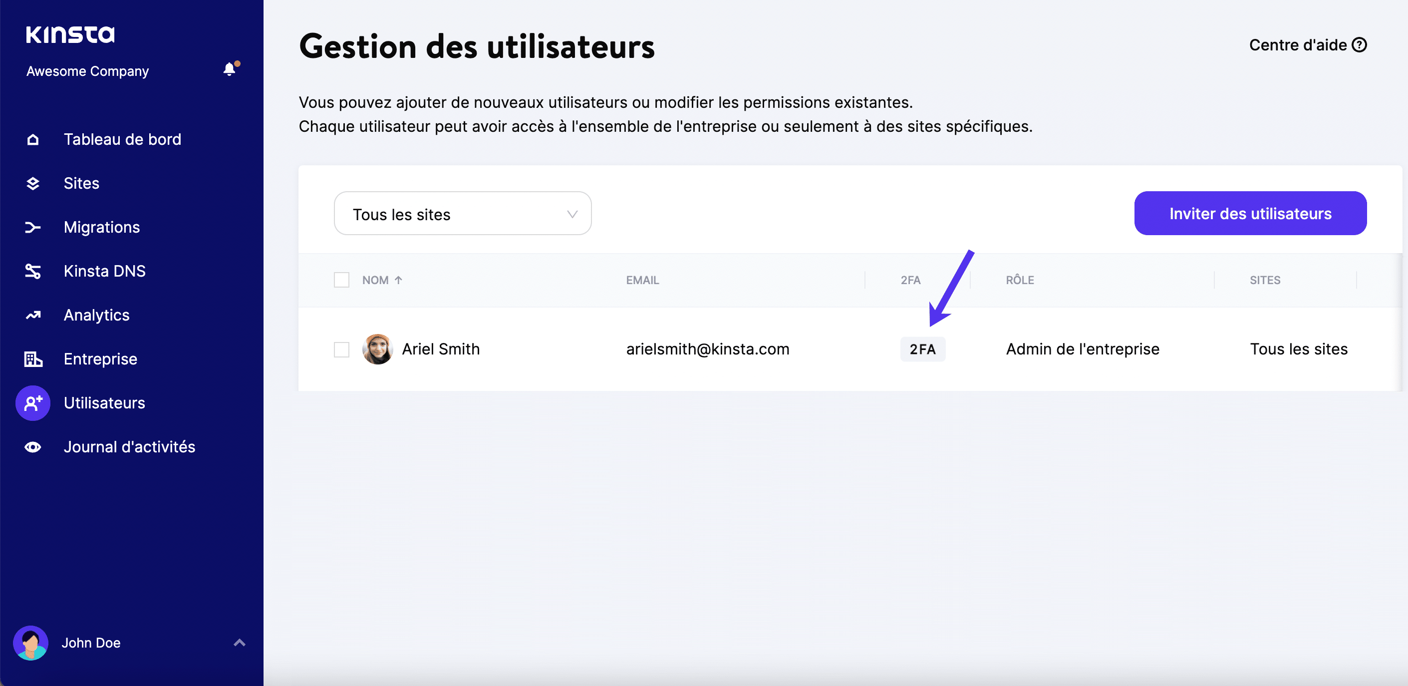 Indicateur 2FA dans MyKinsta