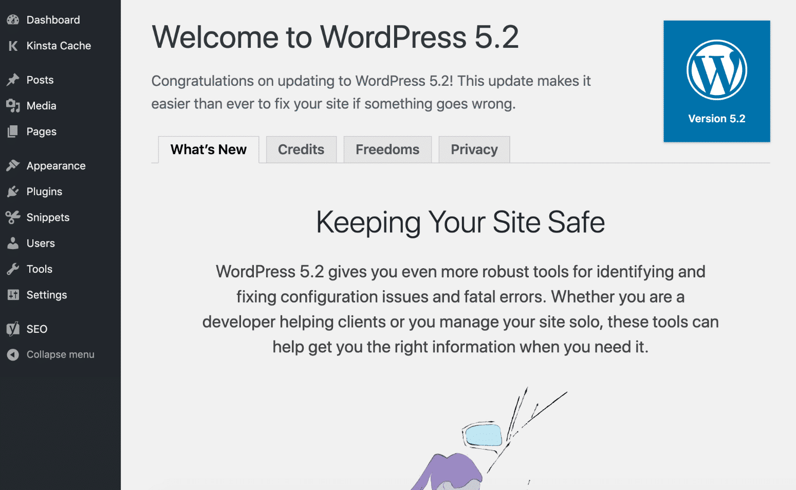 WordPress 5.2 - Écran de bienvenue