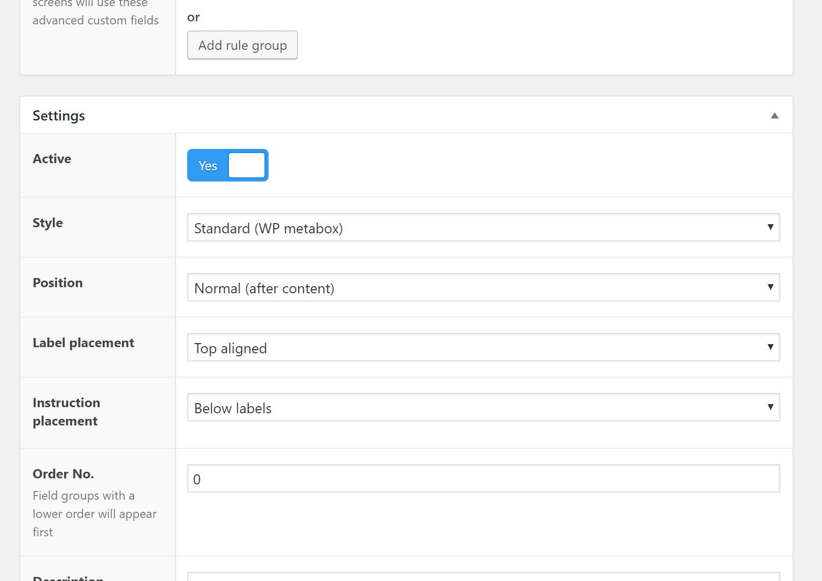 Configuration des réglages du groupe de champs ACF