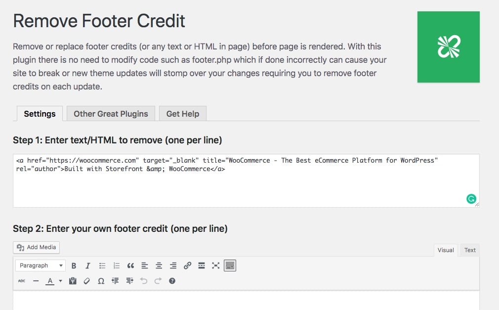 Ajout de HTML aux paramètres Remove footer credit