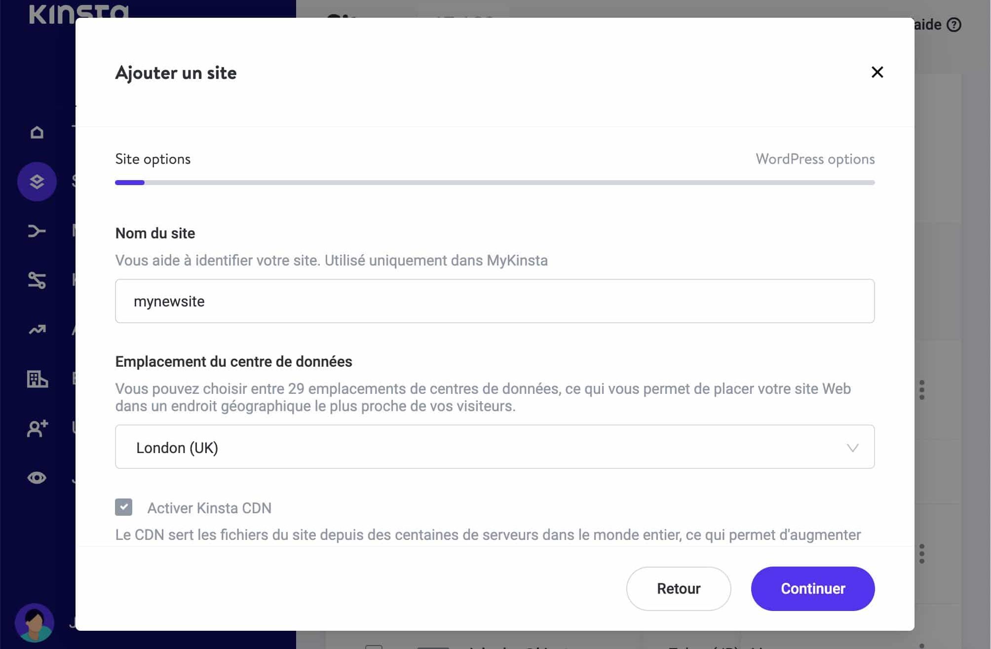 Ajouter un site dans Kinsta