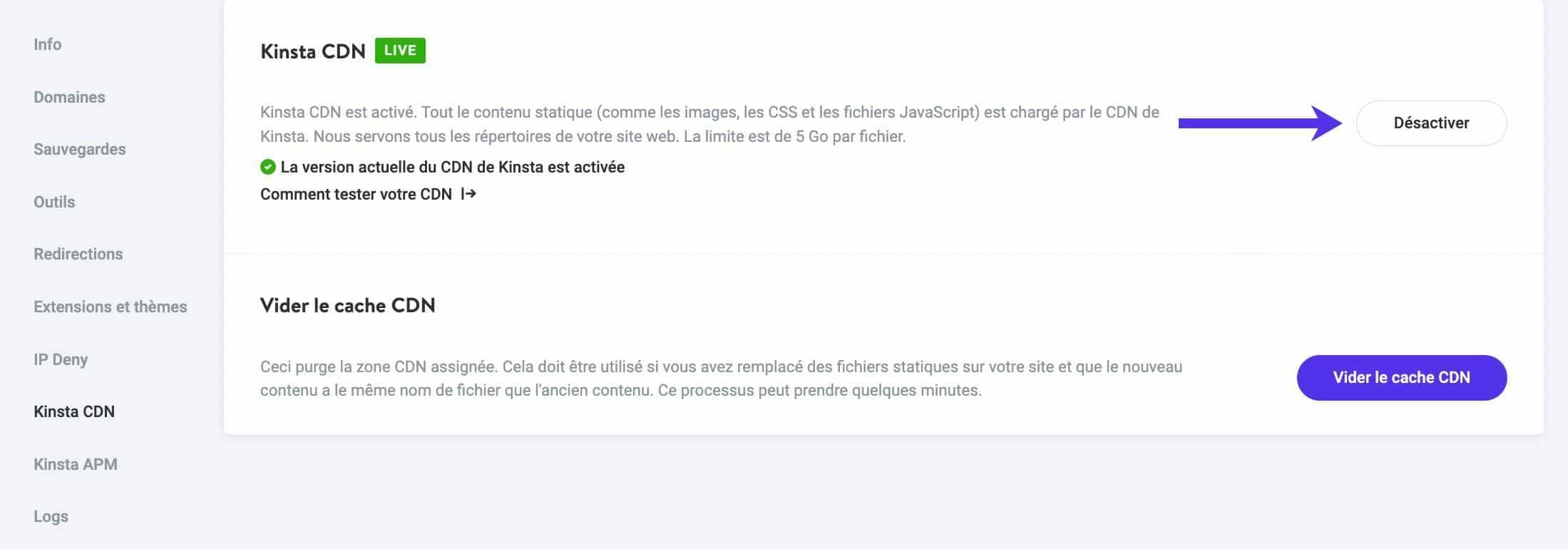 Option d’activation/désactivation du CDN MyKinsta