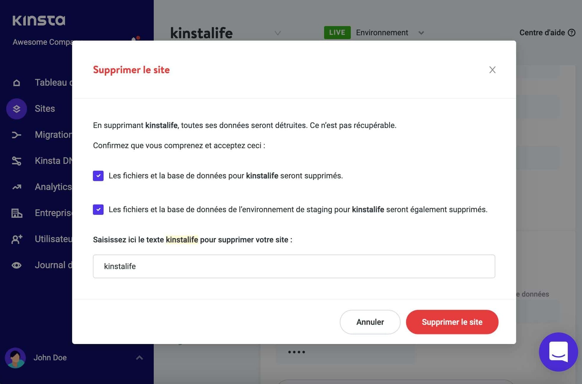 Supprimer un site dans Kinsta