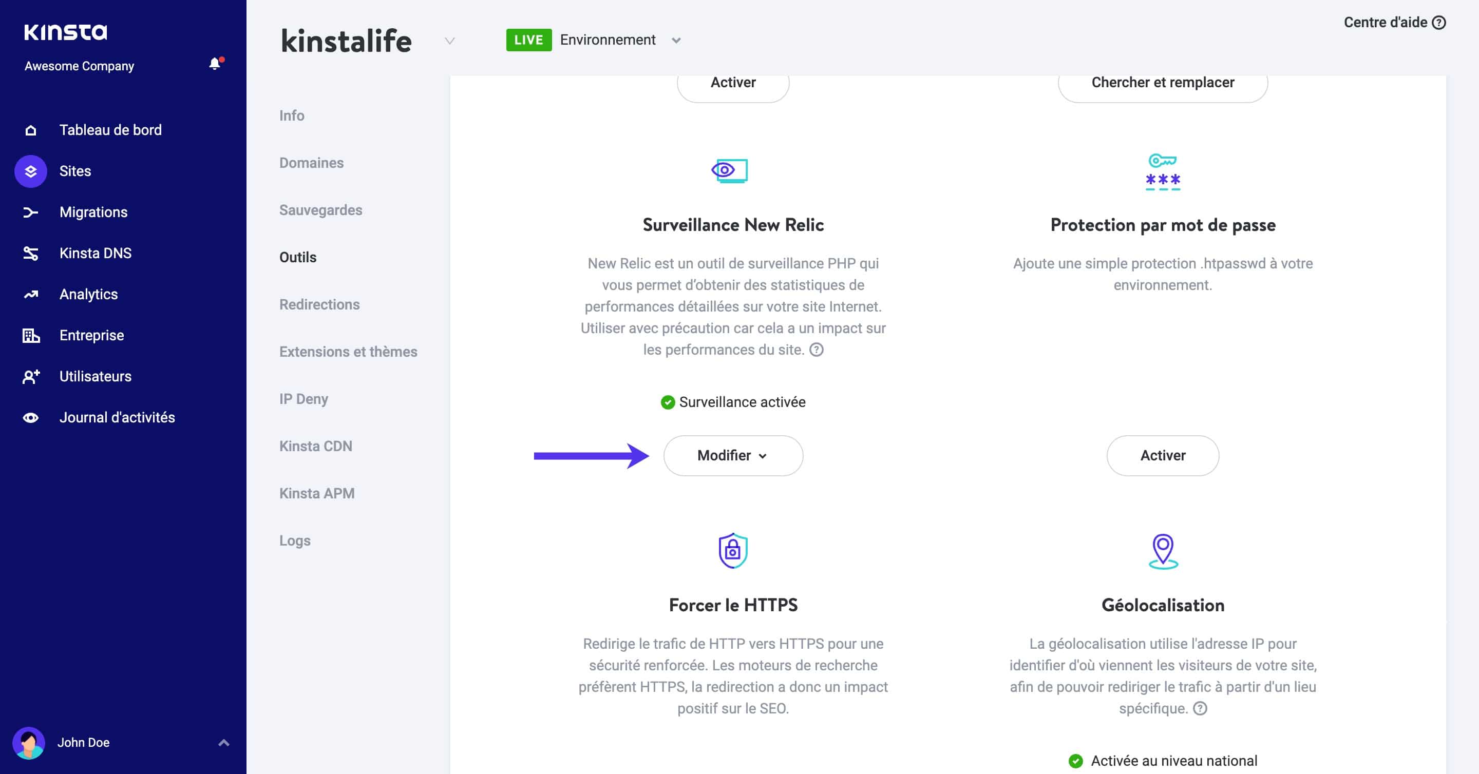 Activer la surveillance New Relic dans MyKinsta.