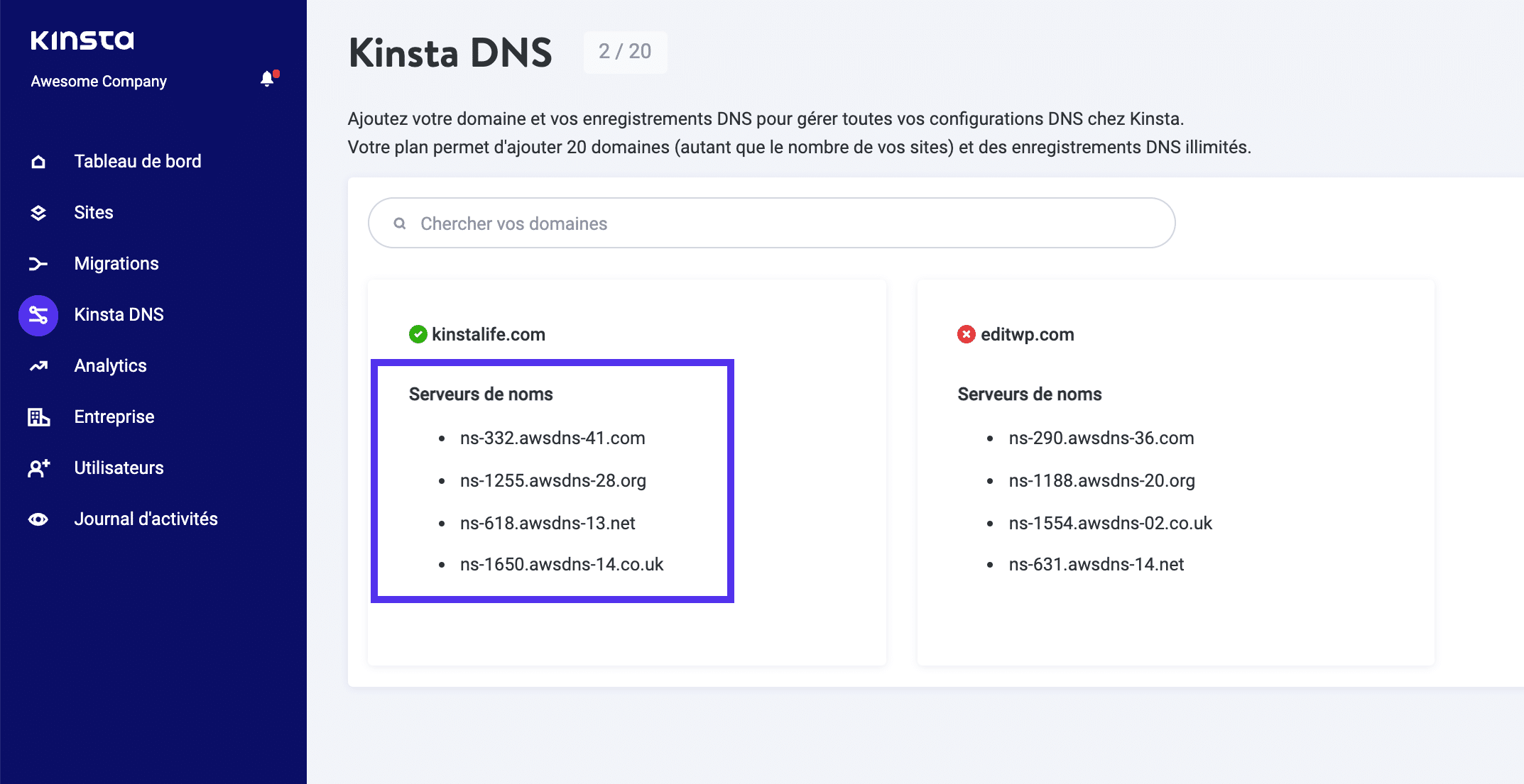 Serveurs de noms DNS Kinsta.