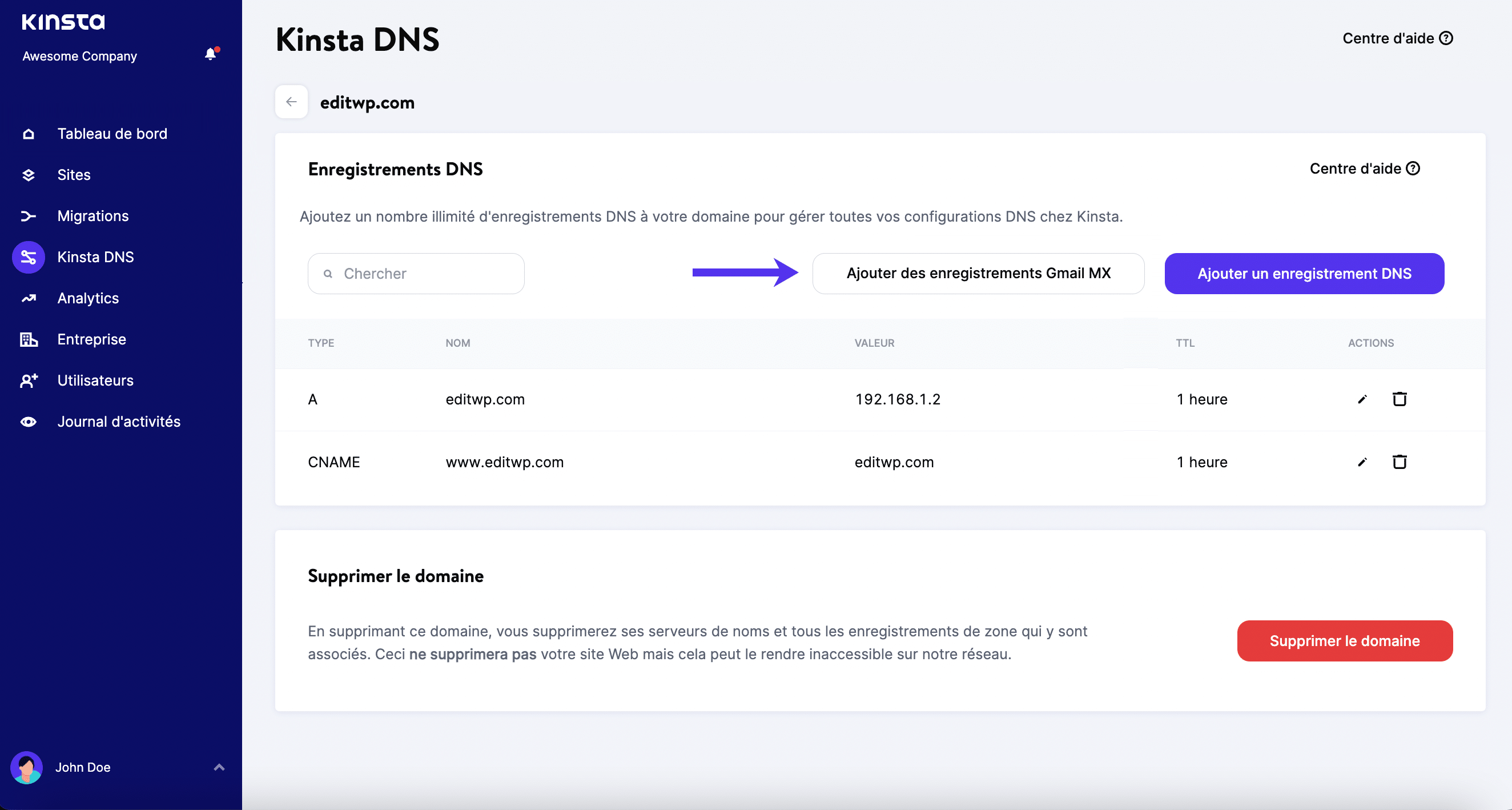 Kinsta DNS - Ajouter des enregistrements MX Gmail